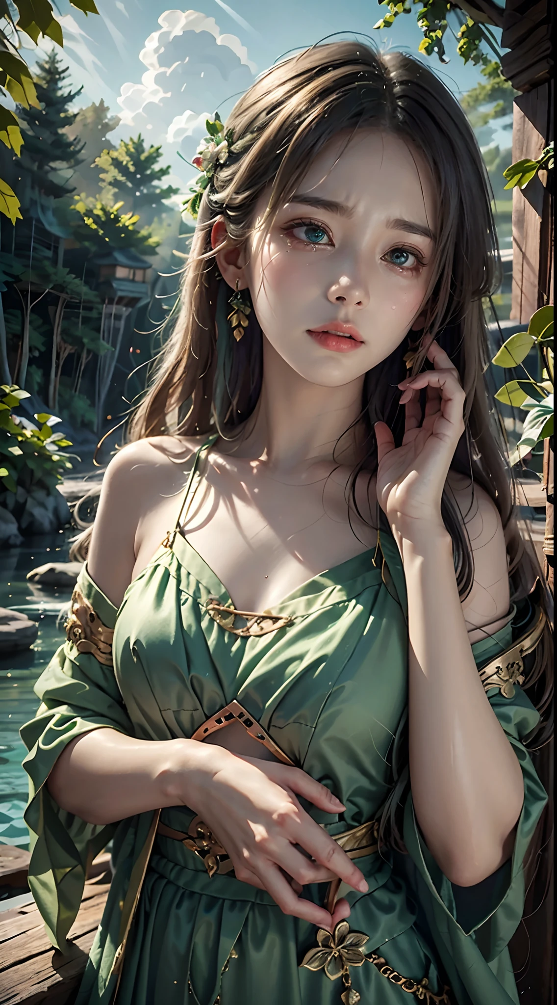 1 20-year-old girl, fairy princess, green clothes, nature clothes, nature panorama, sweet, beauty gril, twin sister.(crying), sad expresion. (Tear)