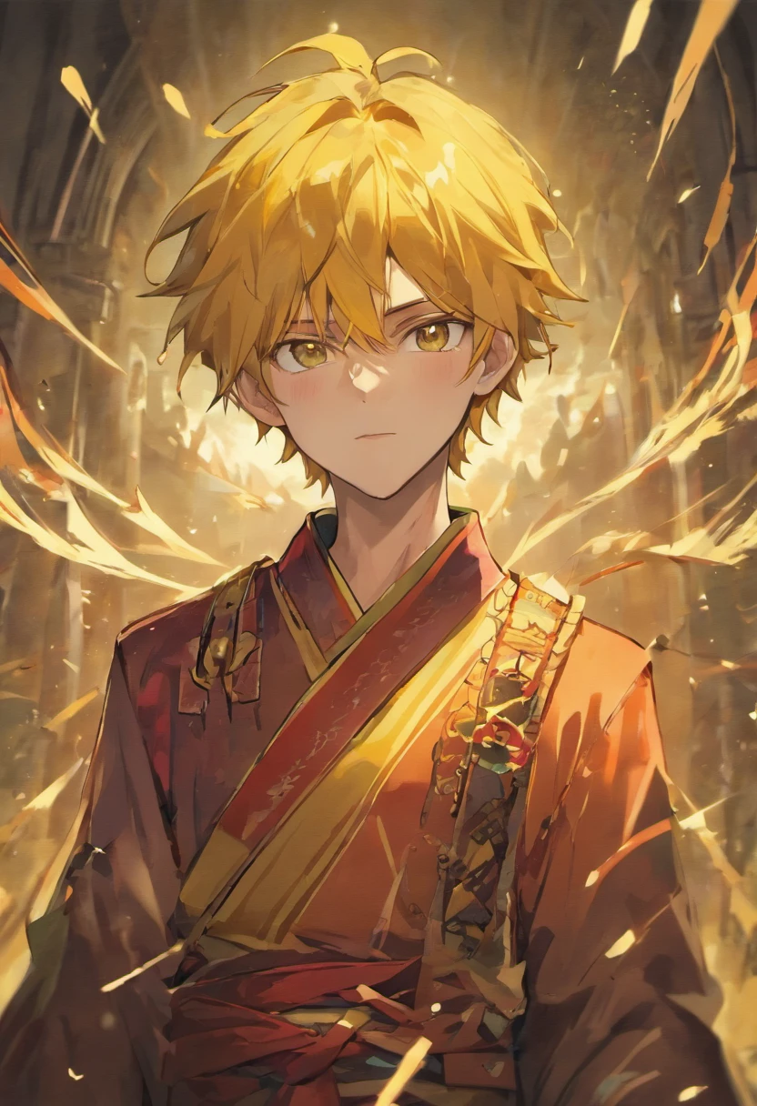 Realistic image of a handsome man, forte, cabelos longos e vermelhos, olhos azuis brilhantes, arte em estilo anime, vestido com trajes pretos estilo samurai com uma blusa preta por baixo, sorriso debochado, fluxos de sangue envolta dele, campo de batalha com escombros, yellow trees in background