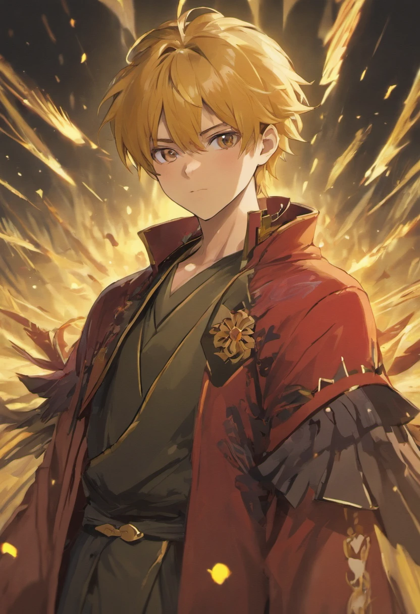 Realistic image of a handsome man, forte, cabelos longos e vermelhos, olhos azuis brilhantes, arte em estilo anime, vestido com trajes pretos estilo samurai com uma blusa preta por baixo, sorriso debochado, fluxos de sangue envolta dele, campo de batalha com escombros, yellow trees in background