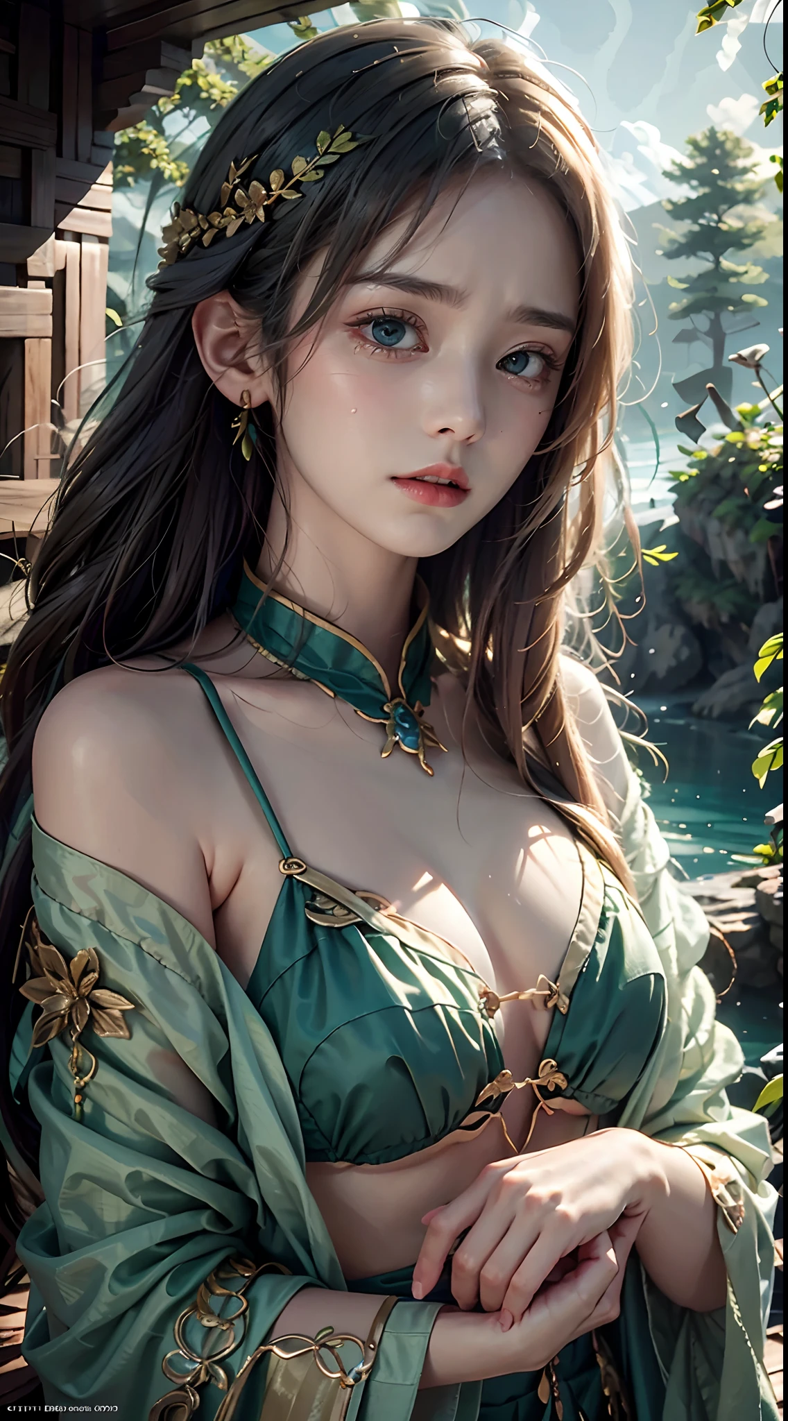 1 20-year-old girl, fairy princess, green clothes, nature clothes, nature panorama, sweet, beauty gril, twin sister.(crying), sad expresion. (Tear)