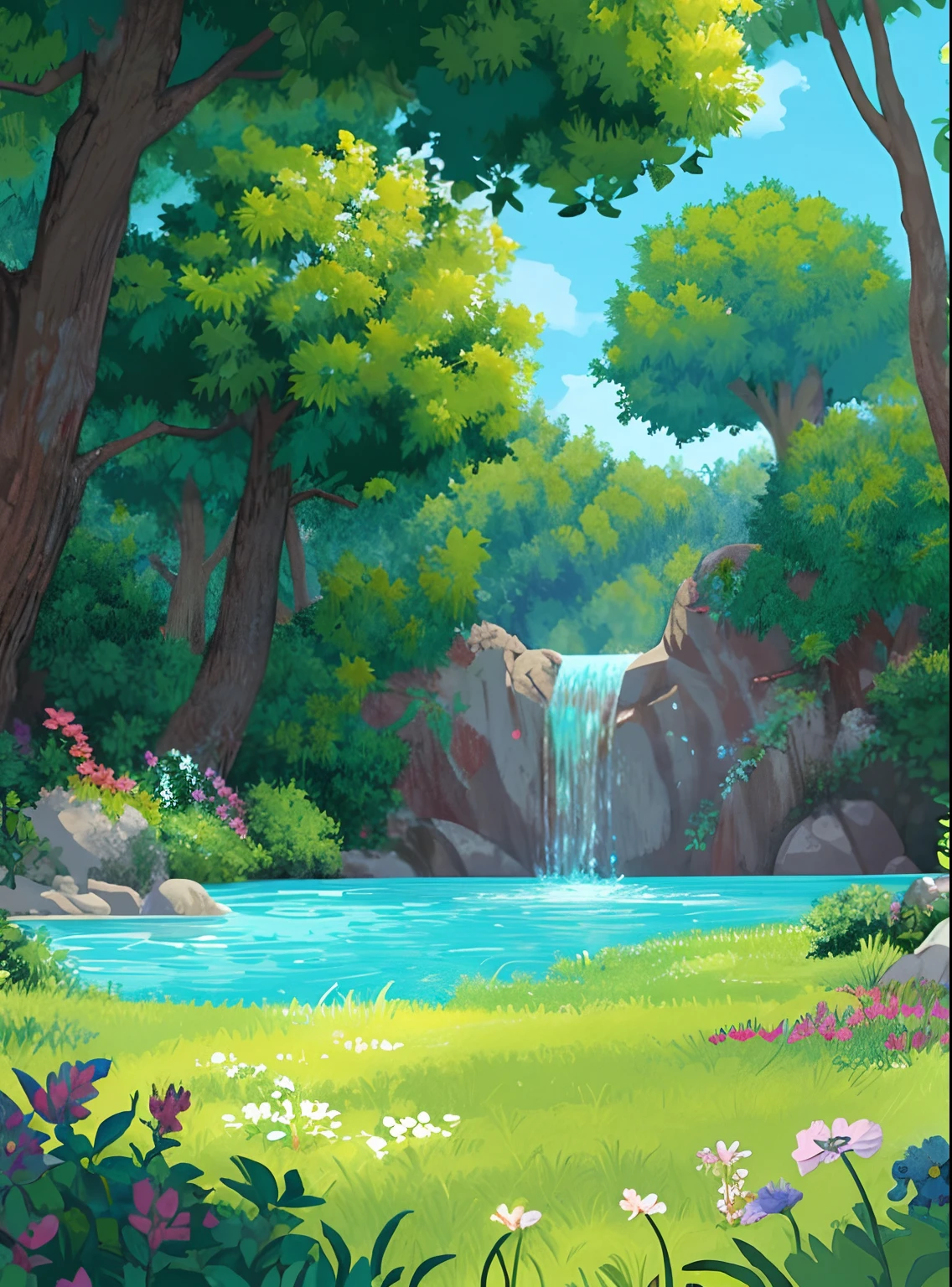 location for game, environment,  waterwall, trees