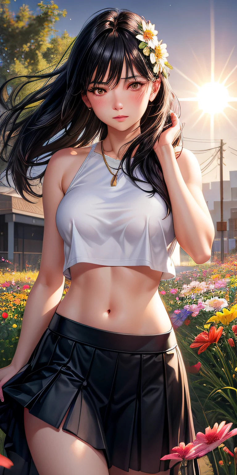 realistic, 1girl, black hair, brown eyes, glowing eyes, crop top, skirt, closed lips, blush, night, flowers, sun, sunlight,