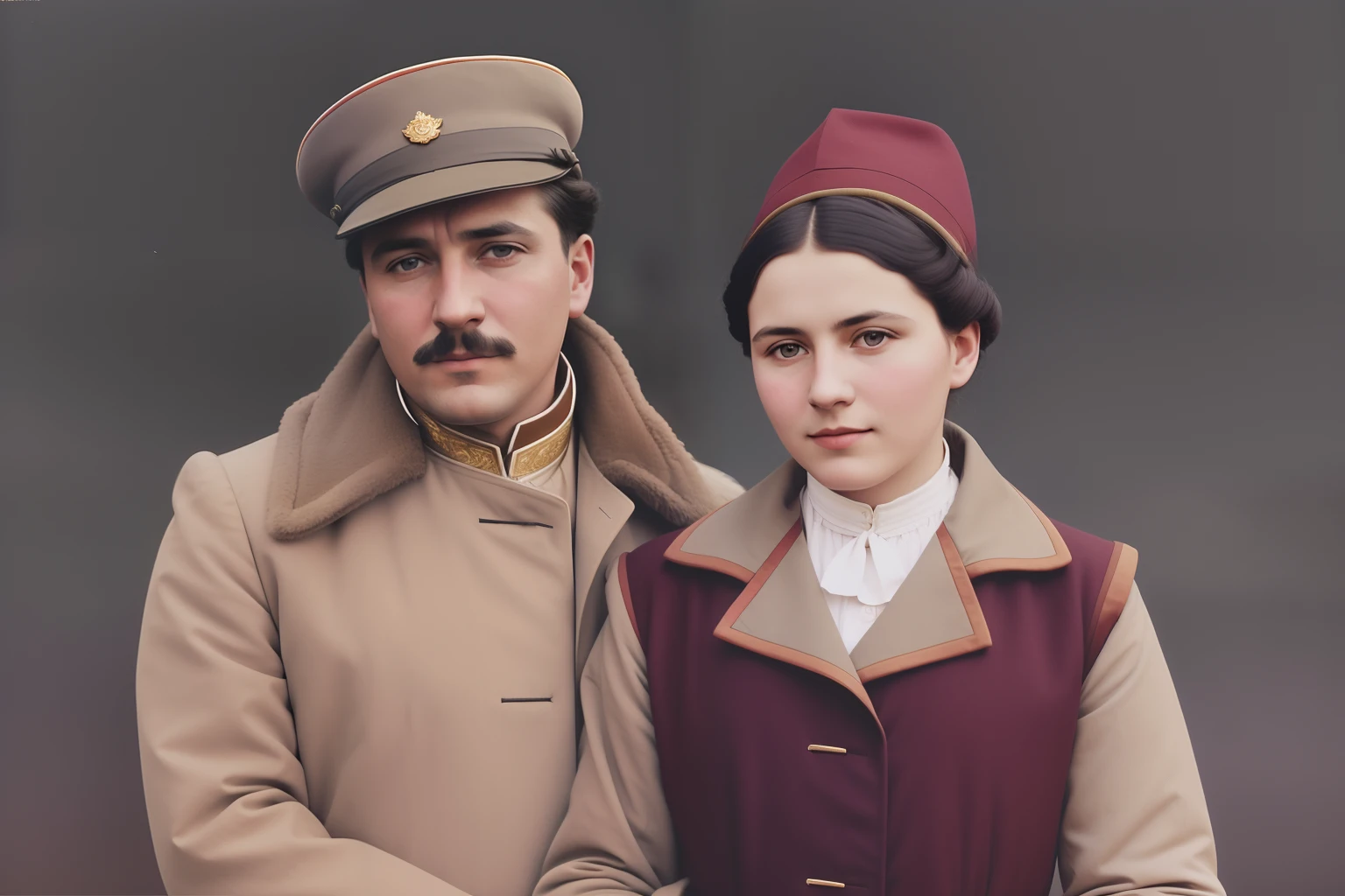 There is a woman and a man, dressed in antique clothes, Wearing Russian clothes from the 1st World War, a colorized photo, a colorized photo, a colorized photo, colored photo, old color photo, Restored color, colorized, A restored photo, The Young Tsar, vintage color photo, old color photo, by Anna Füssli, colorized background, colorized, Color restoration, soviet - era, Chechen clothing, A man in a jacket