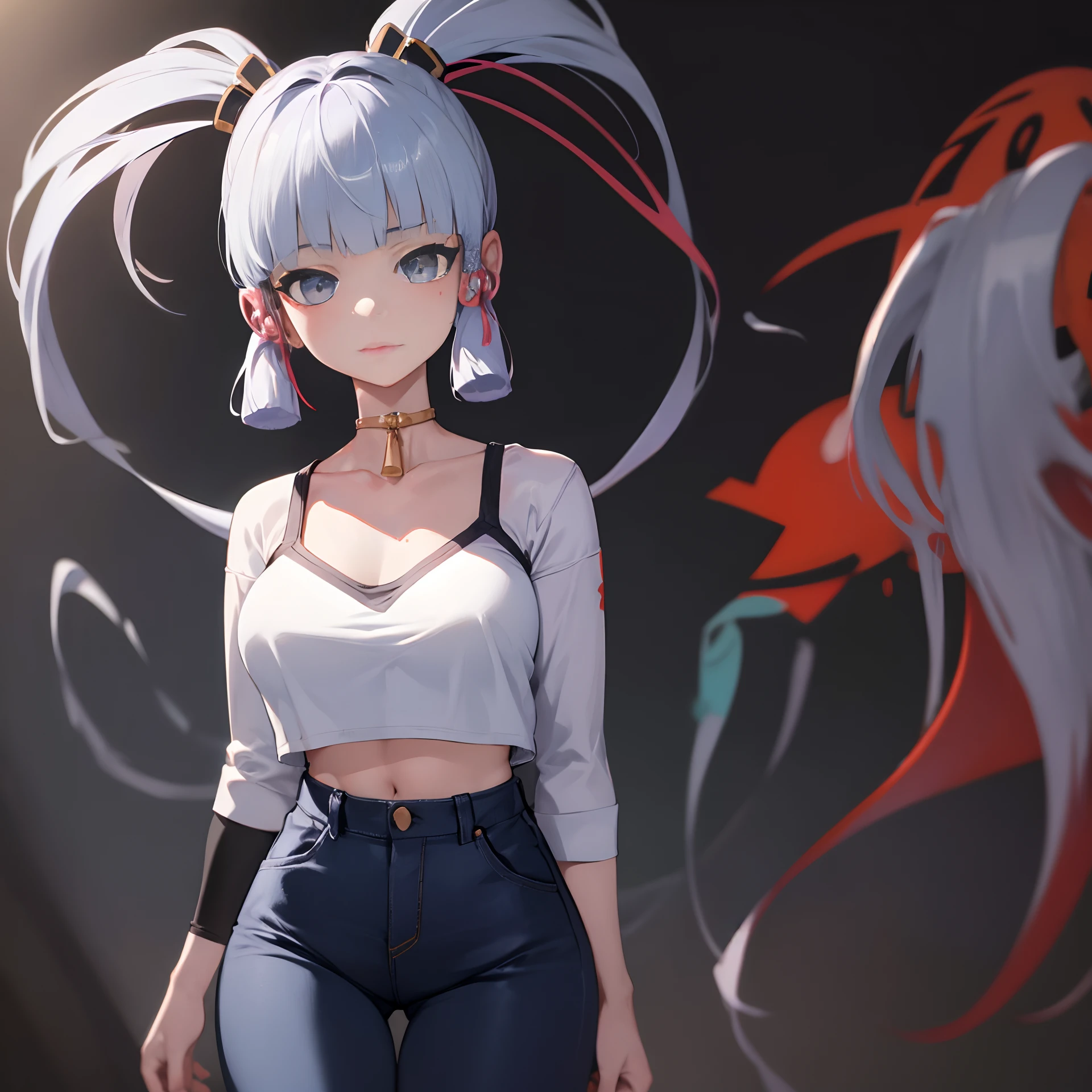 kamisato ayaka|genshin impact, master-piece, bestquality, 1girls,25 years old, proportional body, elongated legs, Beautiful, proportional., crop top, Long Jeans, mediuml breasts, ,bara, crop top, choker, (Graffiti:1.5), Splash with purple lightning pattern., arm behind back, against wall, View viewers from the front., Thigh strap, Head tilt, bored,(NSTDA.:1.2), (10, beste-Qualit, master-piece: 1.4), Beautiful red hair, ultra-high resolution, (lifelike, photorealistic portrait: 1.48), 20 age, Cute Girl, (Looking Through Crop Tops.), Famous Japanese actors, beautiful clear eyes, Head tilt, cowboy shot, from the front, looking at the audience, expressionless, Beautiful lake, Zeiss 150mm F/ 2.8 Hasselblad, Whole body, foot, Ultra-Wide Angle,