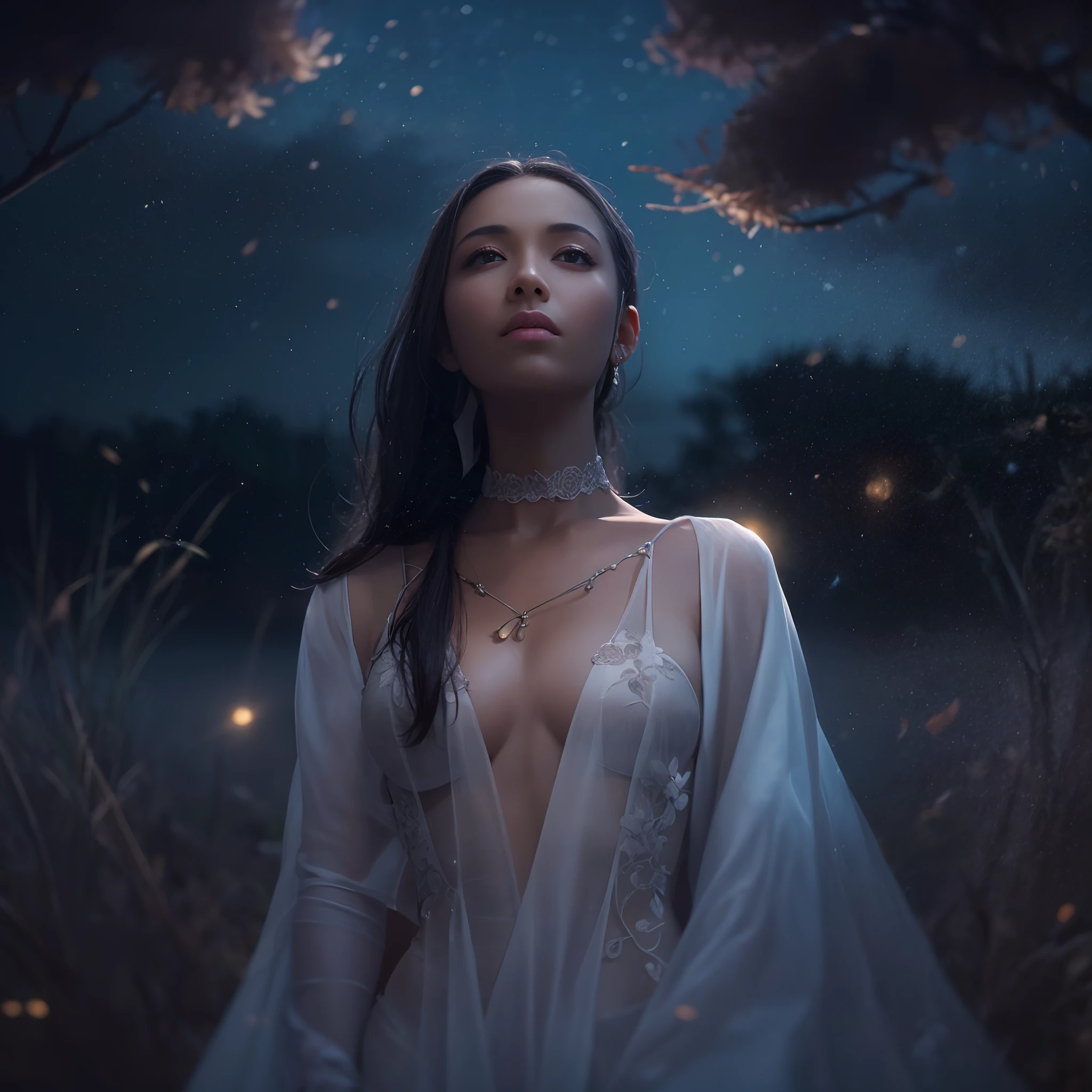 (((nffsw))), (((masutepiece))), (((8K))), (((hight resolution))), (((surrealism))), (((Cinematic lighting))), god rays, Zoom Layer, (((FULL BODYSHOT))), F/4.0, canon, Shiny skin,Detailed skin,Detailed face, Detailed eyes, Summer Island Princess, Countless shooting stars fall from the starry sky, Sheer royal robes, Summer evening, the vast grassland, Moonlight