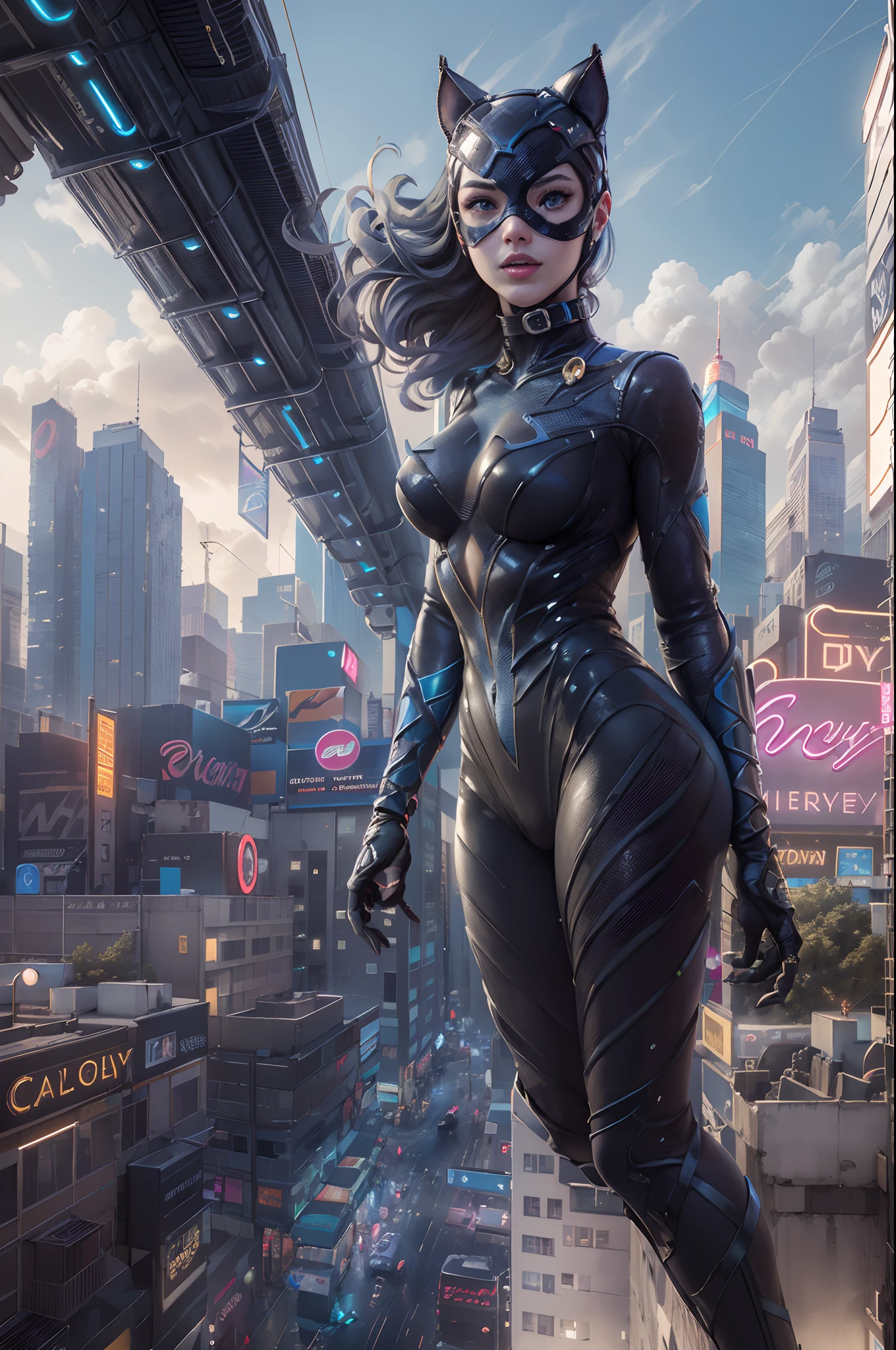 (​masterpiece、4K resolution、A hyper-realistic、ighly detailed、Turn your back), (Black Superheroes theme、Charisma、There is a girl in a Catwoman costume above the town、with his back turned。She's a superhero)、 [((25-years old)、(Long grey hair:1.2)、full body Esbian、(blue eyess:1.2))、((Sandy urban environment):0.8)|(A city scape、natta、Dinamic Light)]#illustrate:Prompts are mainly ultra high definition、very real、Describes highly detailed 4K paintings。A superheroine in a Catwoman costume is depicted at the top of the city。((Ultra-wide-angle lens shooting)), ((Shot looking up from below:1.3)), (((Neon light))),