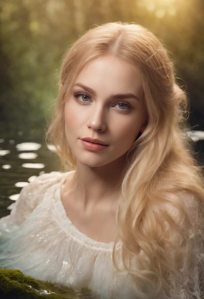 zrpgstyle, OT_Side_Bottom beautiful ugly woman from water Woman with ( blonde hair with cinnamon:1.2) moss rising from water, smoke, vines stirring water, fireflies, midnight light, backlighting (masterpiece:1.2) (best quality) (detailed) (intricate) (8K) (HDR) (Wallpaper) (cinematic lighting) (Sharp focus)