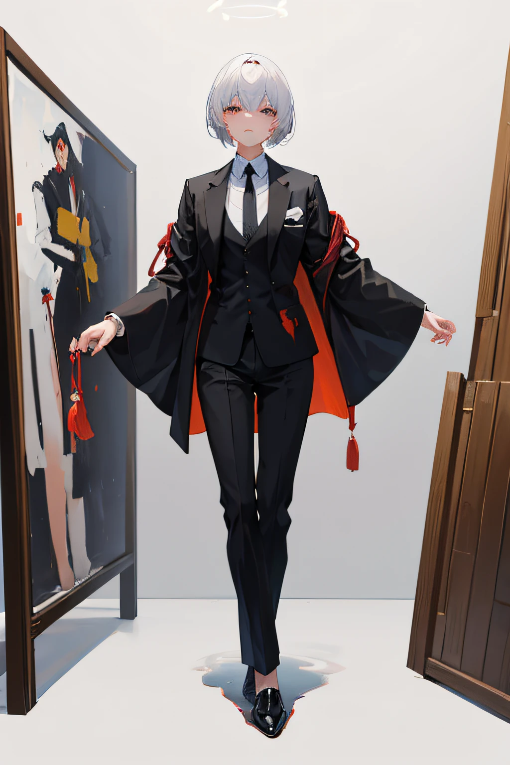 独奏,full body Esbian,the character is standing,White background,Painting style like spy family,Woman in black suit