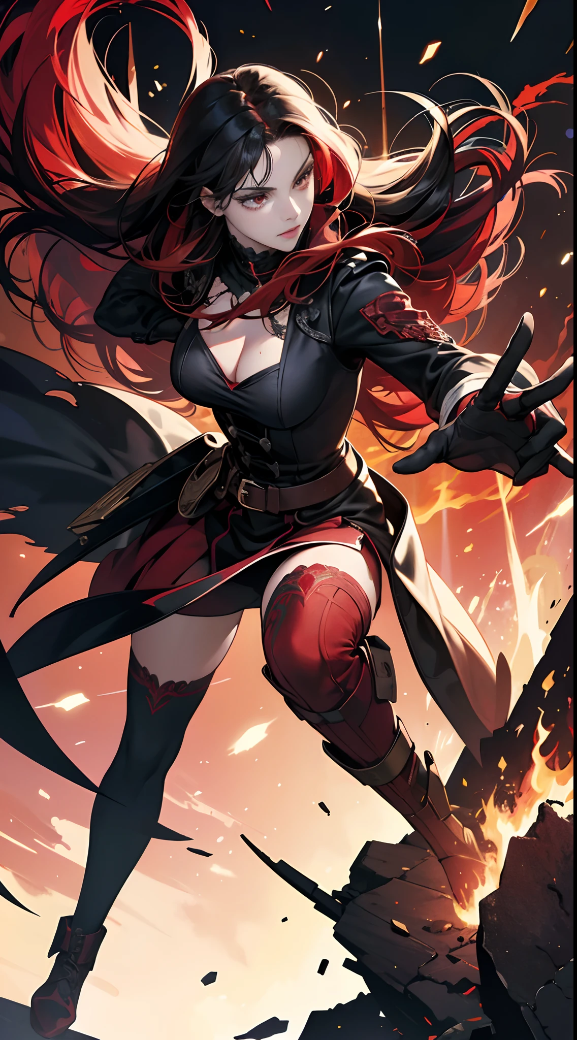 (Best Quality,4K,High resolution), 18yo woman, Red mesh hair on black hair, Long hair, Straight hair, , Comical appearance,(Best Quality,4K,High resolution), 18yo woman, Red highlights on black hair, Long hair, Straight hair, Transforming Woman,An abnormal,Cold eyes ,sharp eye,distressed look,Vanity fair,Red glowing eyes,Full body close-up,Transforming Actions,Conversion Equation,Dark Hero,beast,Beastification,Evil Fight,buttle,Dark back alley,Retro Doomsday World,Delicate illustrations drawn in detail,Torn clothes with intricate decorations,Short-term performance,Realistic portrayal,Vibrant colors,expresive,Classic background