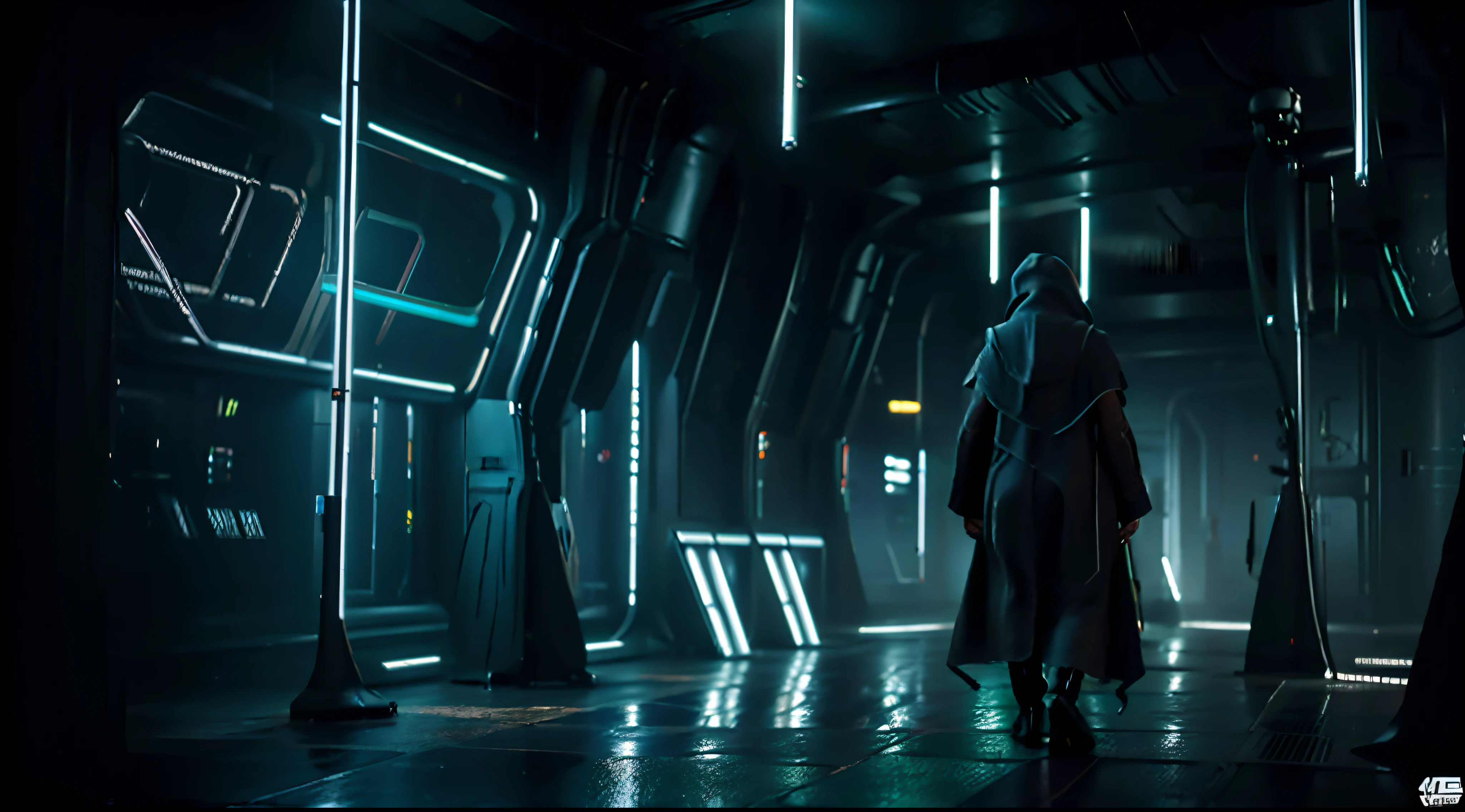 hooded figure, star wars character art, walking away, Togruta species, looking straight ahead, wool cloak, flowing long cloak dress, cinematic level shot, standing in a cantina, lots of lights, cantina background, neon lights background, cyberpunk lighting, retro neon