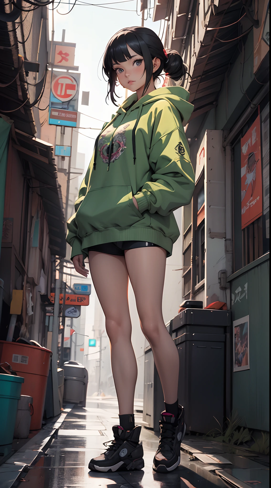 Arafed woman in a green hoodie and black boots standing on a street ...