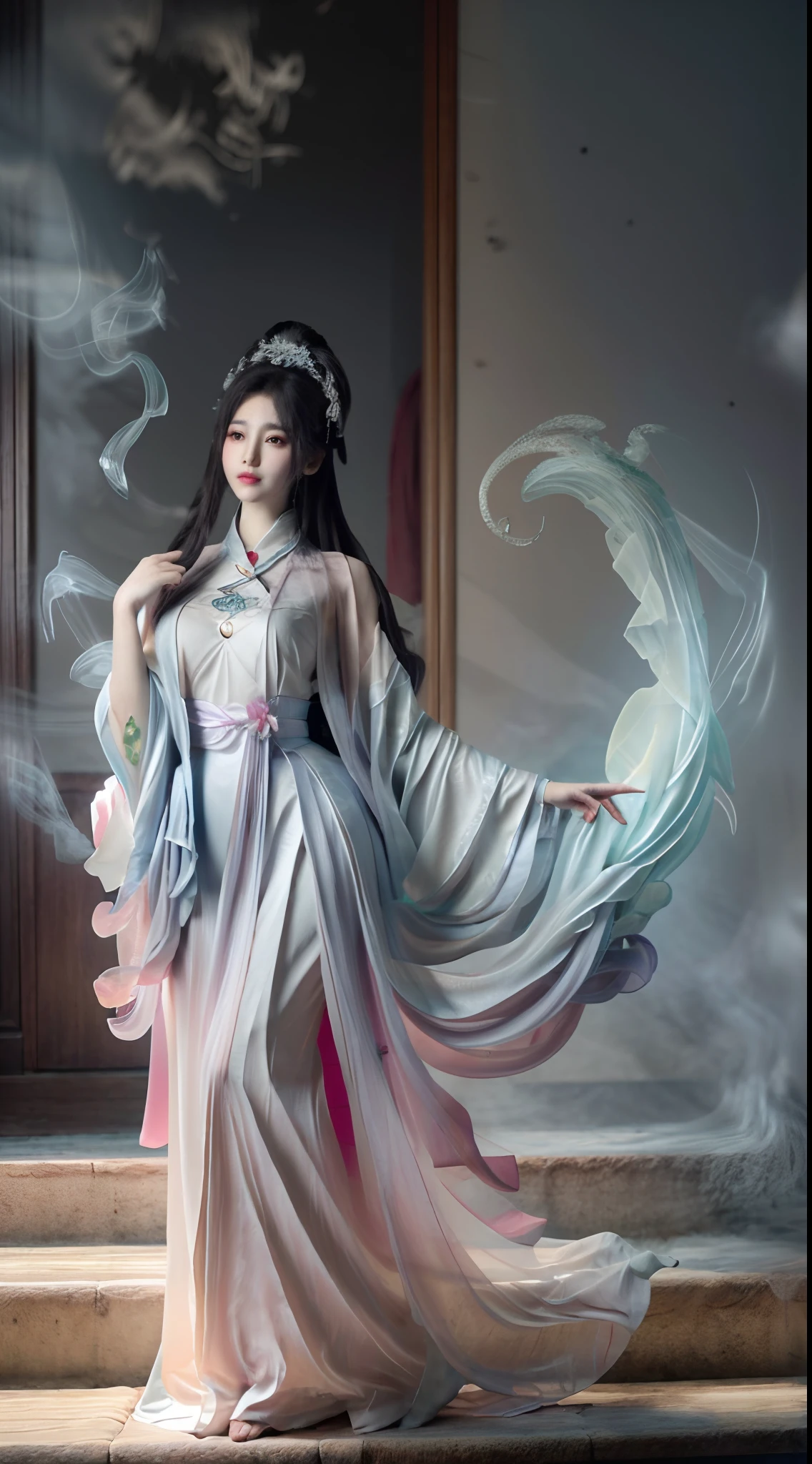 (Best quality,4K,8K,A high resolution,Masterpiece:1.2),Ultra-detailed,(Realistic,Photorealistic,photo-realistic:1.37),Gorgeous,Beautiful,Long golden hair, The goddess in a black and white dress sits on the steps, 浴室,Sexy girl,Illustration style：kim jung giu, Japanese goddess, Yoshigaki, Amazing goddess, ethereal figure, mesmerizing eyes, Beautiful white costume, Bright sunlight, gleaming silver, Yoshitomo Nara, Fuzzy green dragon-shaped smoke