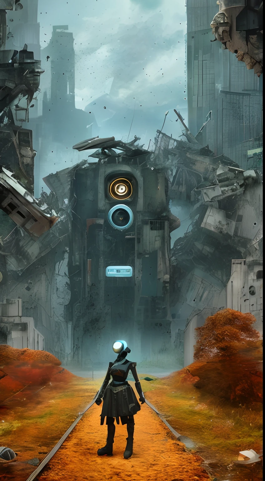 Futuristic high-tech robot female killer abandoned in ruins, autumnal, Sound art,,noise, abstract artistic, Tearing the future apart, Post-world ruins of industrial machines,
