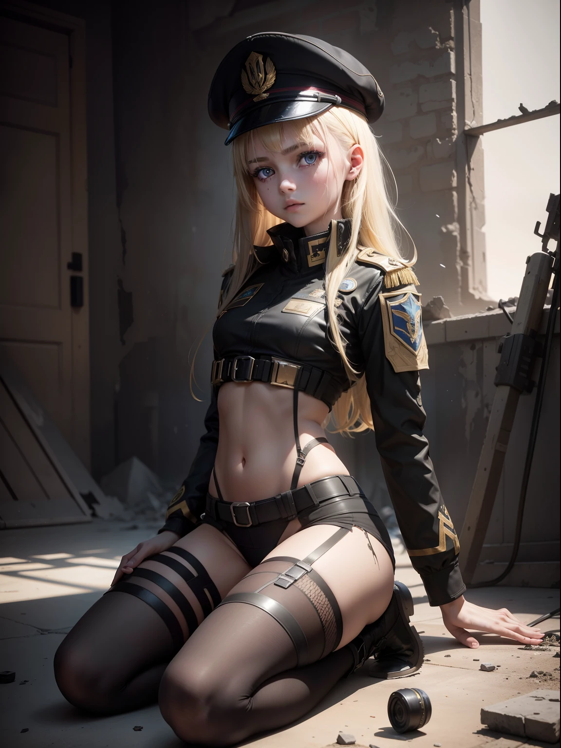 Destroyed towns,3 Ukrainian girls , Ukrainian anime girls , , Ukraine , Full body composition of young girl with messy bright blonde hair, eye make up, , Soft lighting, Solo, Old torn dirty shabby futuristic military uniform, badges, Pose, Blotch color, Octane Render, Hyperrealistic intricate detail, Cinematic, 8K resolution, 70mm, Accent Lighting, Global Illumination, Full body portrait, clean detailed faces, intricate clothing, Cute face, flat chest, Slim waist, Slim legs, small hips,Black Special Forces Uniform,Black beret,Sitting on the floor,Black panties,