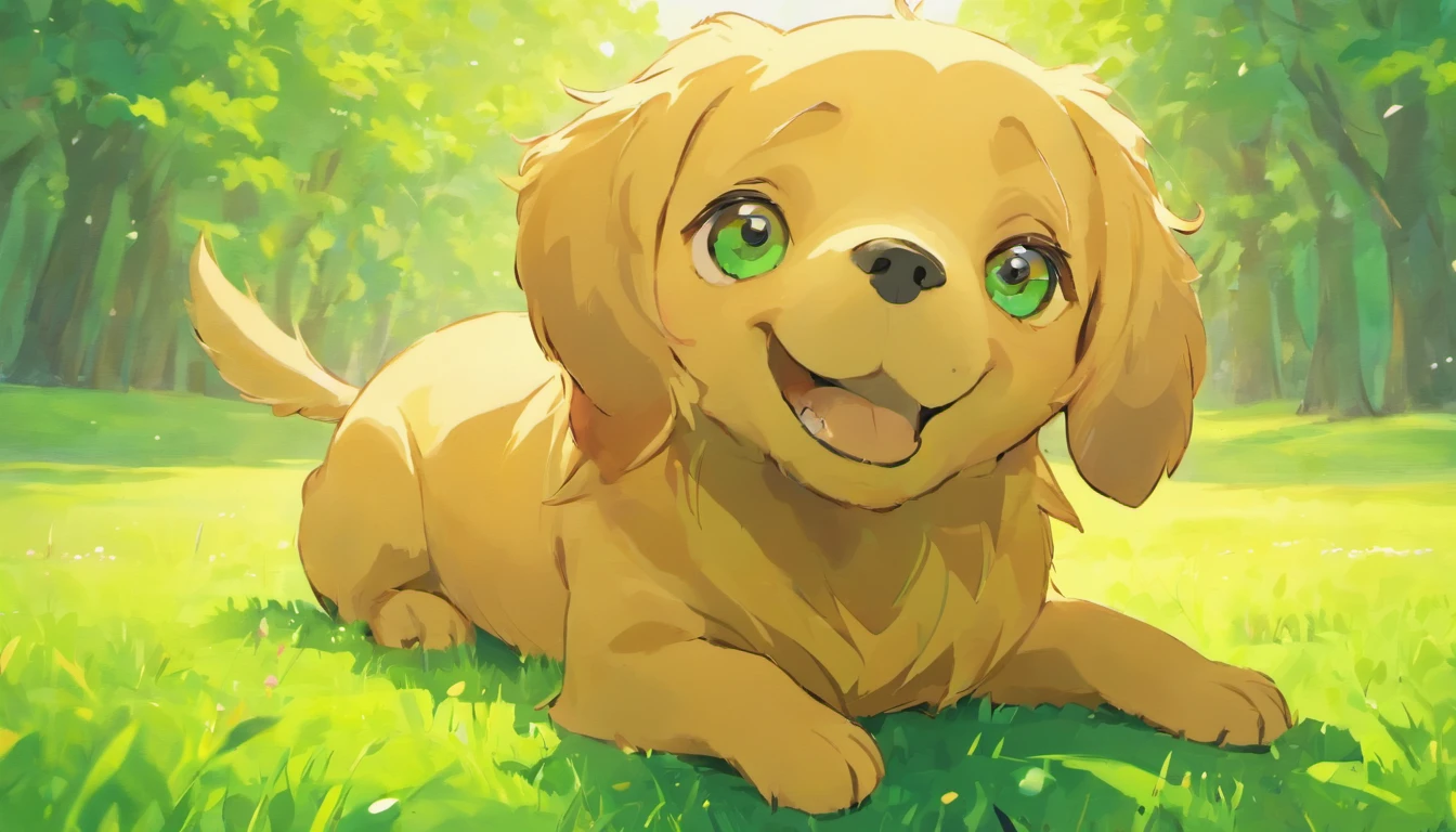 A short-legged four-legged cute smiling golden retriever with a green lawn in the background