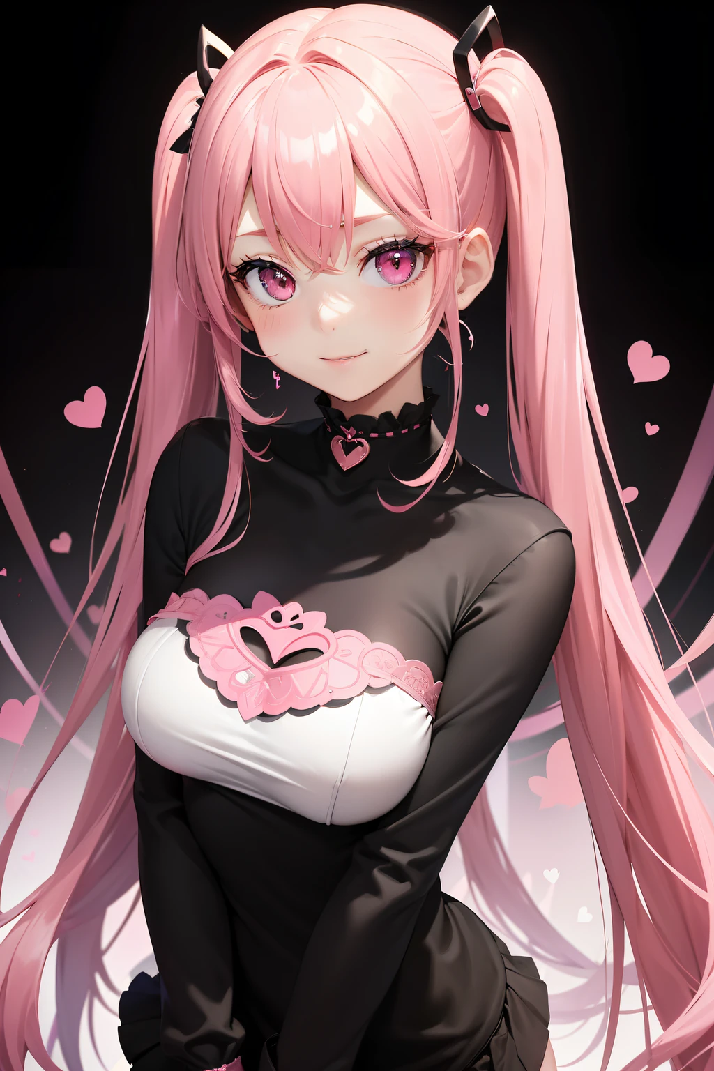 full body Esbian, masutepiece: 1.2, Highest Quality), (Live-action, elaborate details), (1 Lady, Solo, Upper body,) Clothing: Edgy, Black long jumper, pink miniskirt, long hair with pink twin tails,,,,,,,,,,、Avant-garde, Experimental appearance: Long pink twin tail hair 、Heart-shaped choker、The location: bustling city、Solo, Nice smile、Value Creation in Mixed Media Art: individuality, authenticity, Creative expression