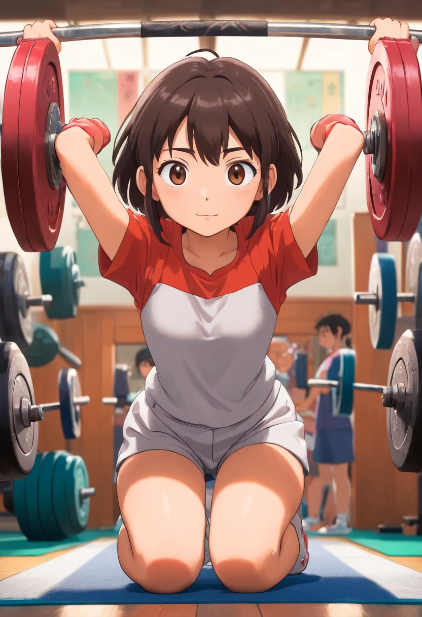 35mm humanistic lens,Sports girl,lifting weights,detailedbackground,Asian Games,True skin texture,Smudge,Accurate facial features,dynamic blur,super-fine,ultra - detailed,high qulity,8K ,oc rendered,dynamic viewing angle,Hyper Real,Ultra photo realsisim