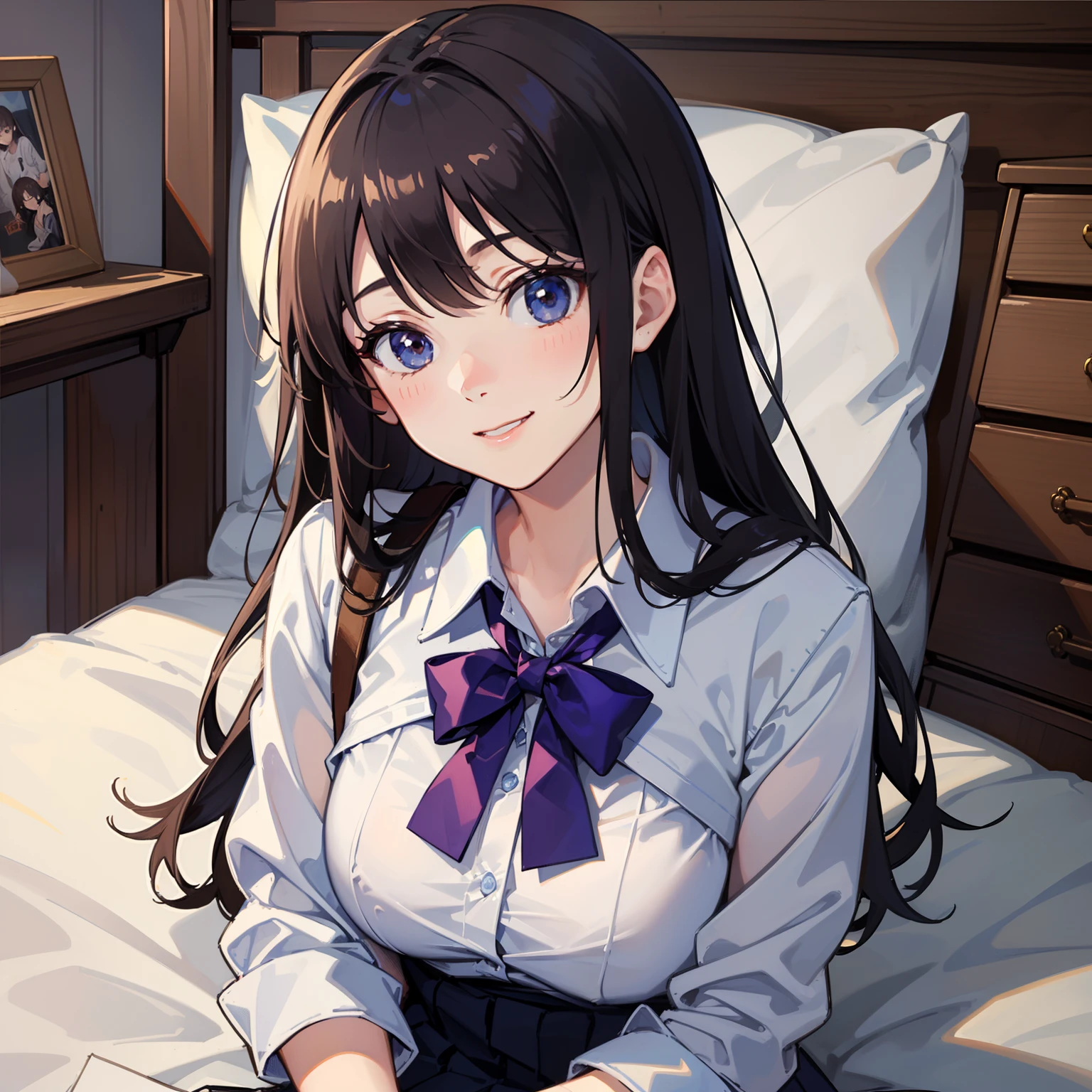 (top-quality、​masterpiece)、A sexy　1girl in、Schoolgirl stunning、cute little、Warm smile、校服　a bed　エロ