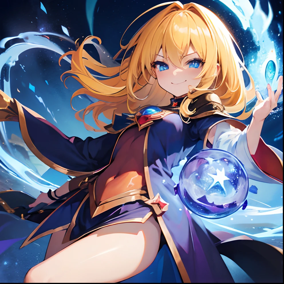 Dark Magician Girl、MKSKS style、1 persons、(highly detailed back ground:1.0)、(highly detailed back ground:1.0)、masterpiece、top-quality、超A high resolution、in 8K、Full Shot、From an angle、(1/2 and 1 amber/2 Light yellow hair)、BREAK、Detailed skin、glowy skin、(A detailed eye、Blue eyes)、Burning cheeks、(Smirk:1.4)、Large breasts、Break HA、(Mage's Clothing:1.6、Detailed clothing)、looking in camera、(magical land:1.5)