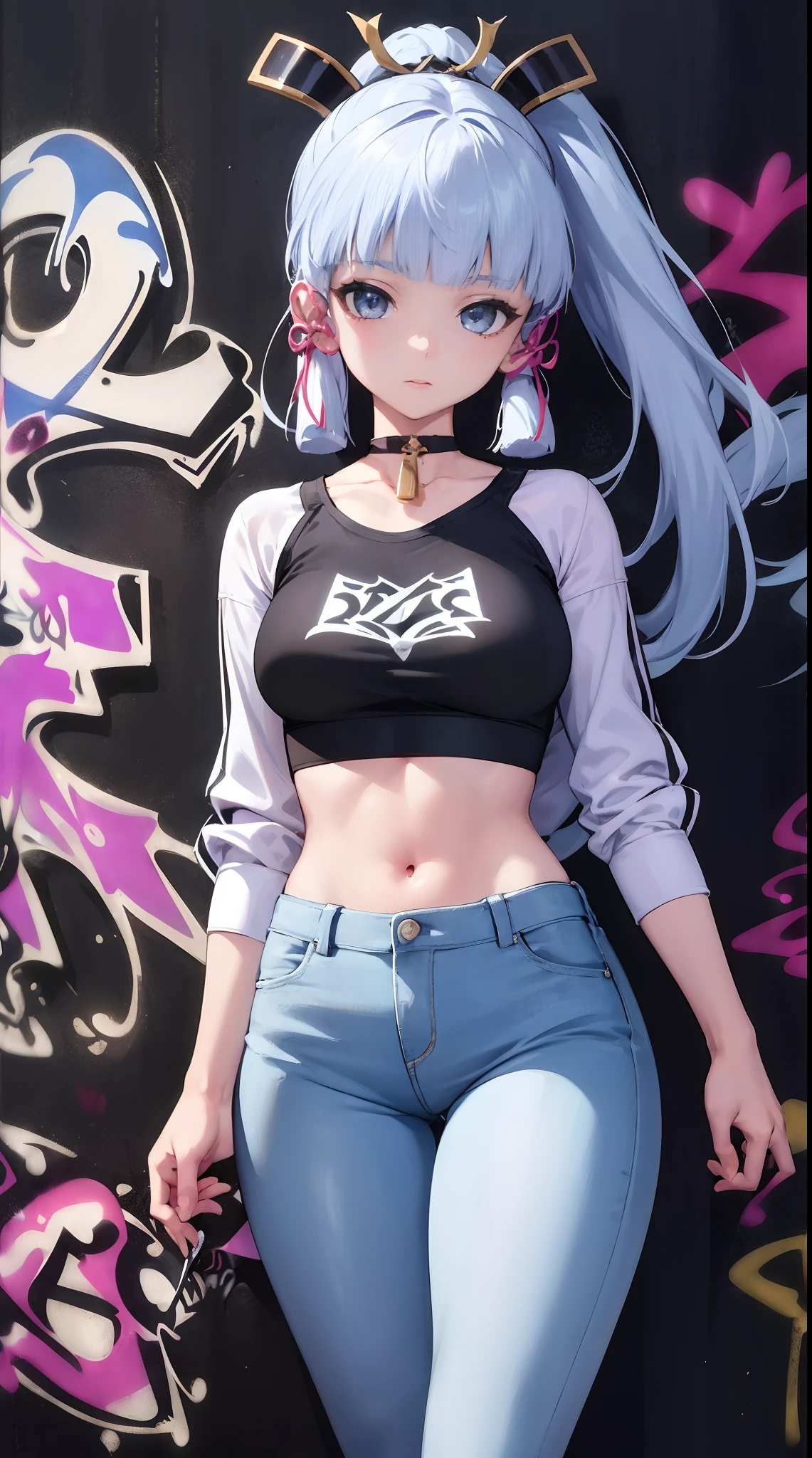 kamisato ayaka|genshin impact, master-piece, bestquality, 1girls,25 years old, proportional body, elongated legs, Beautiful, proportional., crop top, Long Jeans, mediuml ???????, ,bara, crop top, choker, (Graffiti:1.5), Splash with purple lightning pattern., arm behind back, against wall, View viewers from the front., Thigh strap, Head tilt, bored,(NSTDA.:1.2), (10, beste-Qualit, master-piece: 1.4), Beautiful red hair, ultra-high resolution, (lifelike, photorealistic portrait: 1.48), 20 age, Cute Girl, (Looking Through Crop Tops.), Famous Japanese actors, beautiful clear eyes, Head tilt, cowboy shot, from the front, looking at the audience, expressionless, Beautiful lake, Zeiss 150mm F/ 2.8 Hasselblad,  Whole body, foot, Ultra-Wide Angle,