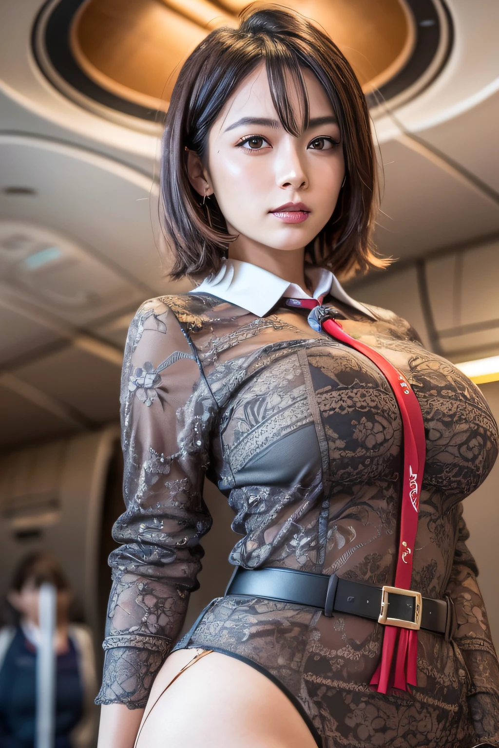 1woman, Solo, 40 years, (wearing cabin attendant uniform:1.4), smile, fluffy brown eyes, beautiful Face, Black short hair, (huge breasts), (Detailed face), Detailed lips, Detailed face, Detailed chest, detail, Perfect body, Standing, (cowboy shot), ((background: in an airplane)), 8K, of the highest quality, Intricate details, Ultra Detail, Ultra High Resolution, masterpiece,