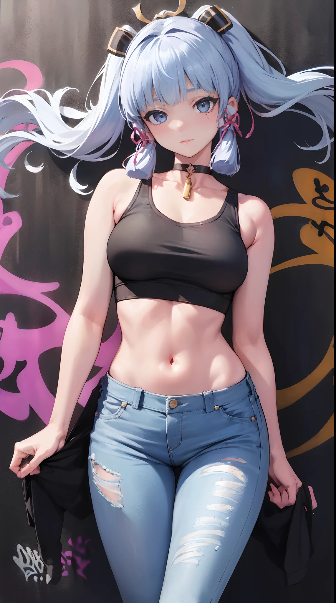 kamisato ayaka|genshin impact, master-piece, bestquality, 1girls,25 years old, proportional body, elongated legs, Beautiful, proportional., crop top, Long Jeans, mediuml breasts, ,bara, crop top, choker, (Graffiti:1.5), Splash with purple lightning pattern., arm behind back, against wall, View viewers from the front., Thigh strap, Head tilt, bored,(NSTDA.:1.2), (10, beste-Qualit, master-piece: 1.4), Beautiful red hair, ultra-high resolution, (lifelike, photorealistic portrait: 1.48), 20 age, Cute Girl, (Looking Through Crop Tops.), Famous Japanese actors, beautiful clear eyes, Head tilt, cowboy shot, from the front, looking at the audience, expressionless, Beautiful lake, Zeiss 150mm F/ 2.8 Hasselblad, Whole body, foot, Ultra-Wide Angle,