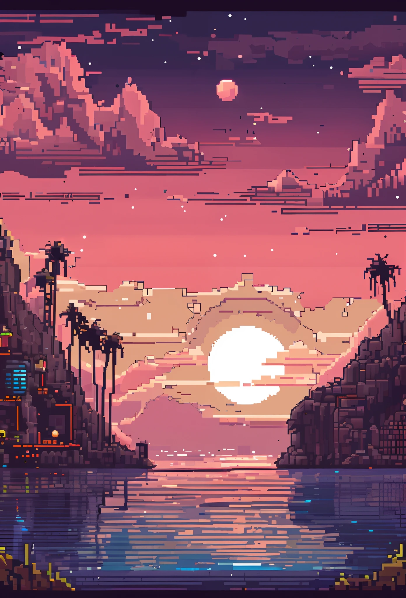 pixel art of a sunset over a lake with palm trees, beautiful detailed pixel art, detailed pixel artwork, detailed pixel art, #pixelart:3, 4k detailed digital art, 4k highly detailed digital art, #pixelart, # pixelart, pixel art style, , high quality pixel art, nice sunset, concept pixelart, vaporwave sunset, 4k detailed art,bright moon rise in the dark