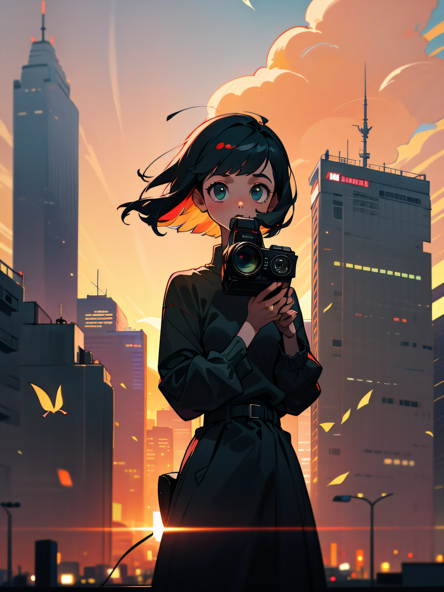 Casually dressed woman holding camera with both hands、Hairstyle is short bob、Color is black、Location is a city、deadpan、Hair is fluttering in the wind、Backlit by sunset