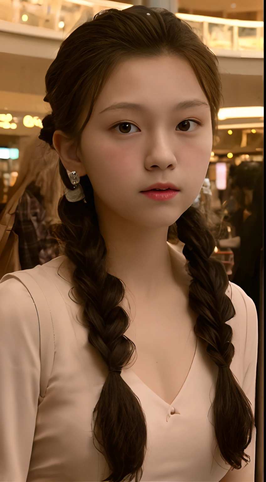 ((-teen girl)), nuover camera shot, puffy nipples, high heels, close-up, very light skin, very long hair, wavy hair, pigtail hairstyle, shopping mall, photorealistic, indirect lighting, volumetric light, ray tracing, hyperdetailed