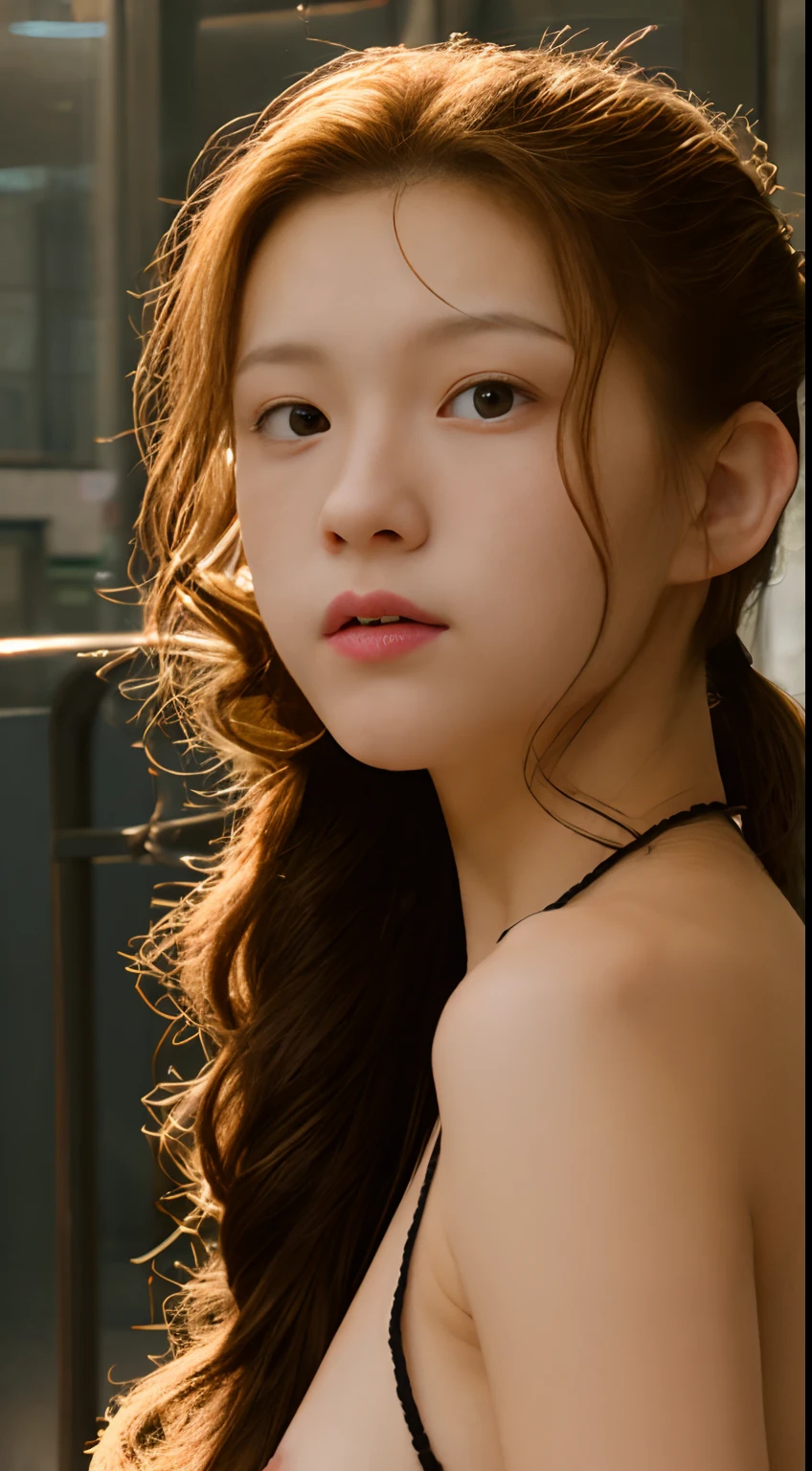 ((-teen girl)), nuover camera shot, puffy nipples, high heels, close-up, very light skin, very long hair, wavy hair, pigtail hairstyle, shopping mall, photorealistic, indirect lighting, volumetric light, ray tracing, hyperdetailed
