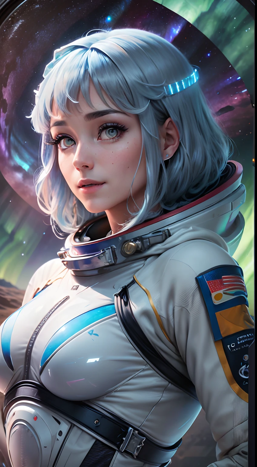 (Innovative design)、Create ultra-detailed and futuristic images of beauty astronauts,(Ultra-futuristic design spacesuit) 、(((((Spacesuit with clear body lines)))))、age19、Colossal tits、Earth Eye、Photorealsitic、high-level image quality、Raw photo、8K、Hairstyle is bob hair、((((Aurora Inner Hair)))、A hopeful face