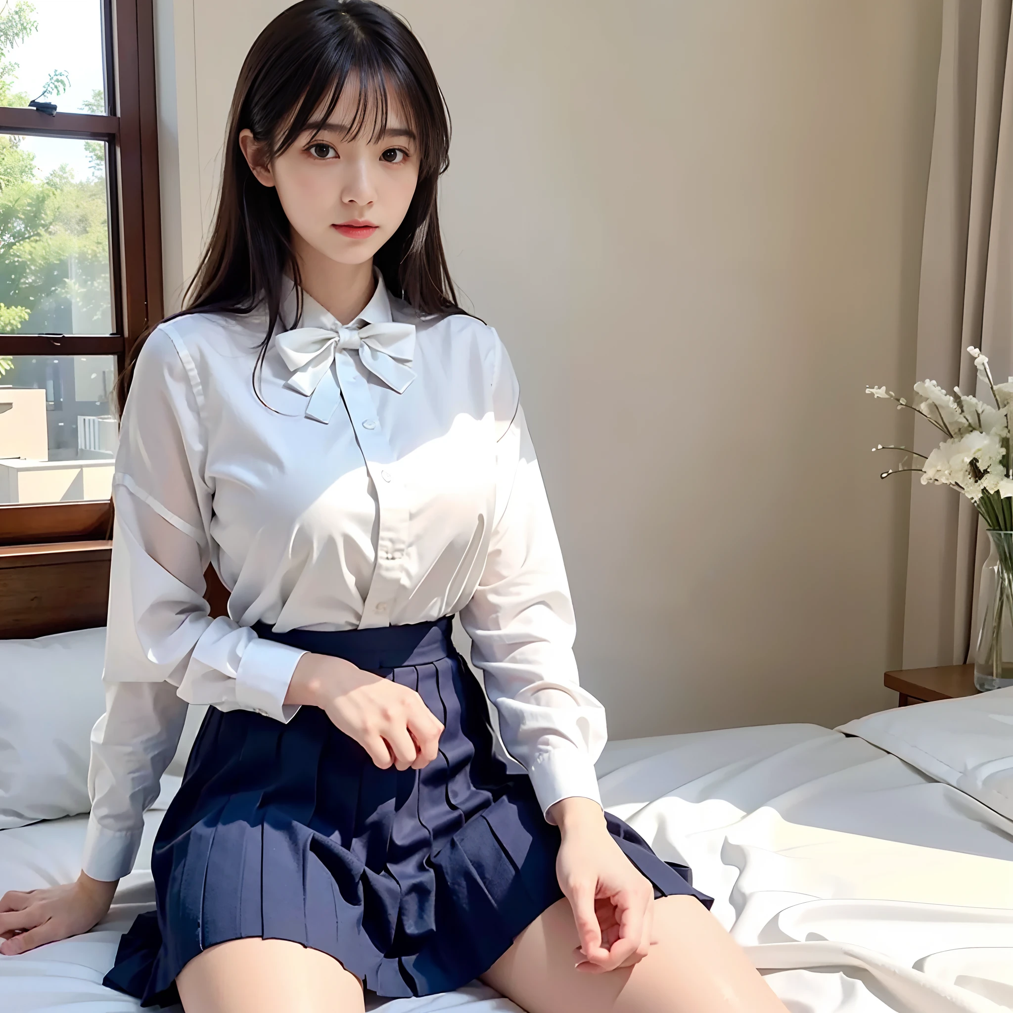 8K quality,(Photoreal: 1.4), (Hyperrealistic: 1.4), (Realistic: 1.3), (Smooth lighting: 1.05), (Improved Cinematic Lighting: 0.9), 32K, (In a dimly lit room)light grin,(1 Japanese woman), Age 22 years old,Realistic lighting, Backlight, Face Lights, Ray traching, (Bright light: 1.2), (Quality improvement: 1.4), ( Top quality realistic texture skin: 1.4), Fine Detailed Eyes, Detailed face, Fine quality eye, Dark brown eyes, Feel shy and tender,Feel optimistic and sunny(Round breasts of medium to large size),(Tired, Sleepy and Satisfied: 0.0), Pale light, White blouse, Bow tie, Navy blue skirt, Silk white ankle socks,(),Hands are shyly placed between the thighs,The edges roll up and wear out, Sit quietly on the bed