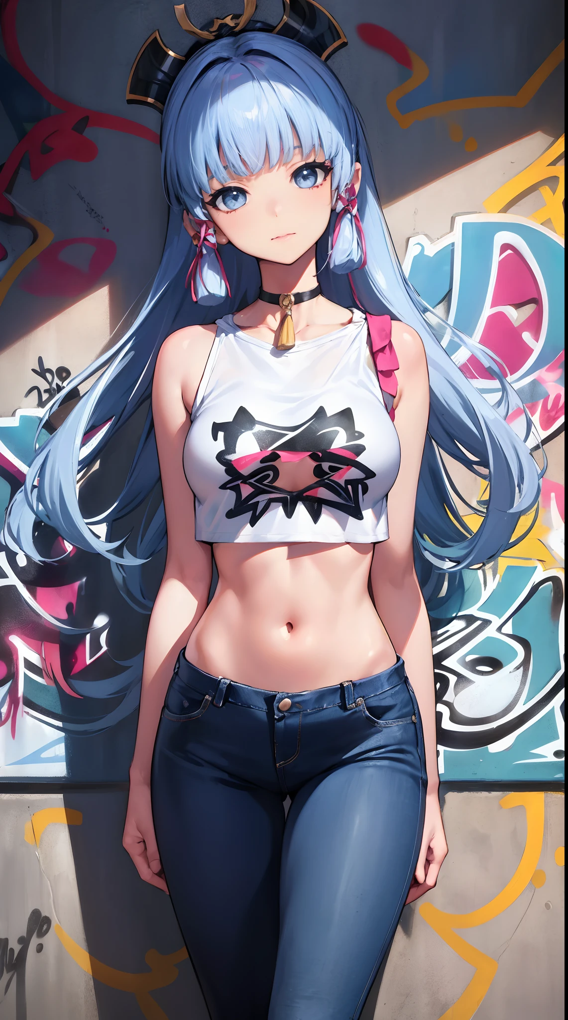 Ayaka Kamisato|Genshin Impact, masterpiece, best quality, 1 girl,25 years old, Proportional body, Lengthen the legs, beautiful, Proportional., crop top, long jeans, medium breasts, ,only, crop top, collar, (Graffiti:1.5), Splash with purple lightning pattern., arms behind back, against the wall, View viewers from the front., thigh strap, head tilt, boring,(National Science and Technology Development Administration.:1.2), (10, best quality, masterpiece: 1.4), beautiful red hair, ultra high resolution, (lifelike, lifelike的肖像: 1.48), 20 years old, cute girl, (View through crop top.), Famous actor of the Japan, beautiful and clear eyes, head tilt, cowboy shooting, from the front, looking at the audience, Poker face, beautiful lake, Zeiss 150mm f/ 2.8 Hasselblad, whole body, foot, super wide angle,