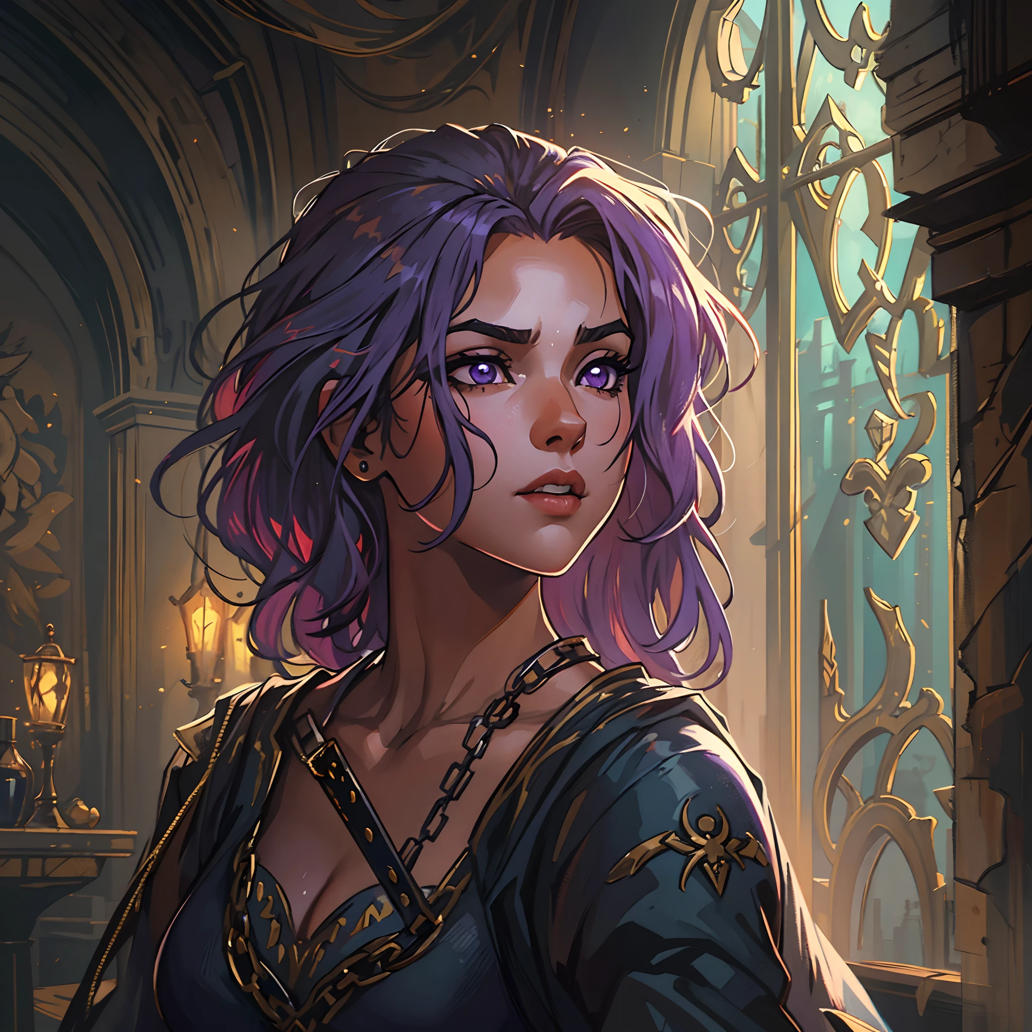 Um retrato de uma mulher bonita e sensual com decote bonito e seios, Um guerreiro de olhos roxos e curtos, cabelos roxos brilhantes, She's wearing sexy combat suits, decotes mergulhantes para treinamento de luta medieval, Appearance similar to that of Daenerys Targeryan from the books with purple eyes and hair, She is in a tavern with sunlight being the source of light coming in through the window enhancing her beauty, Uma imagem bem contrastada e cheia de beleza, cinematic lights, dramatic lighting, Dramatic profile pose, um ambiente cheio de claridade em uma arte de RPG medieval, arte de RPG uma arte detalhada e aproximada, uma arte medieval de arte RPG, She has a dark aura because she's evil as a villain, dramatic art, Arte deslumbrante, seios sensuais;