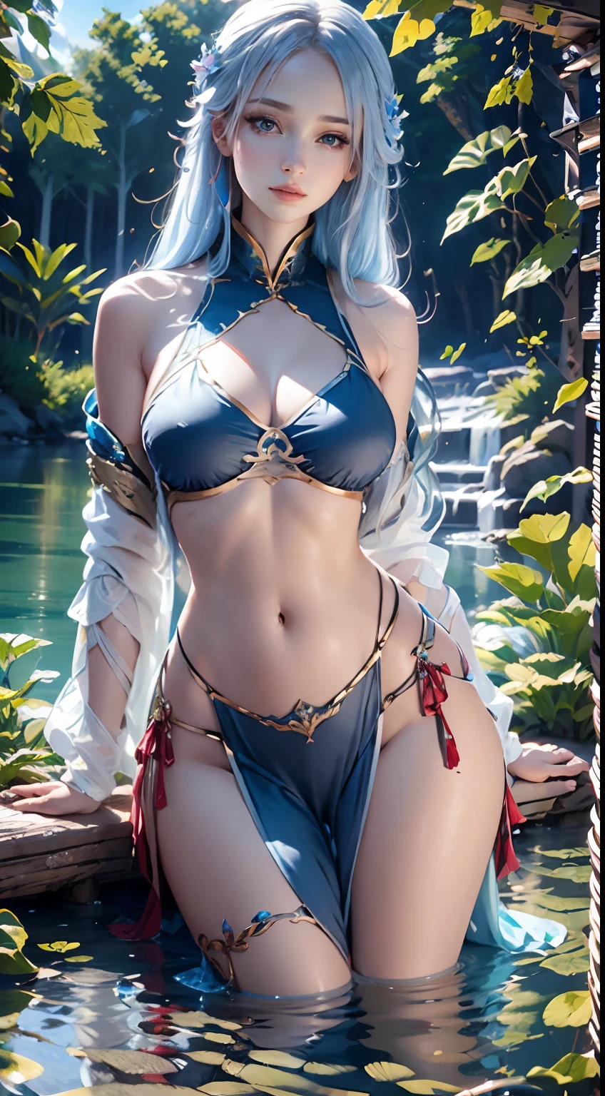 Woman, best quality, , best reflection. (Very detailed CG unity 8k wallpaper), (best quality), (best illustration), (best shadow), girl, ice, ice gems, delicate makeup, forest blue cool elements. Tall trees, quiet streams,flower ice, (ice theme, ) , (Aurora )
