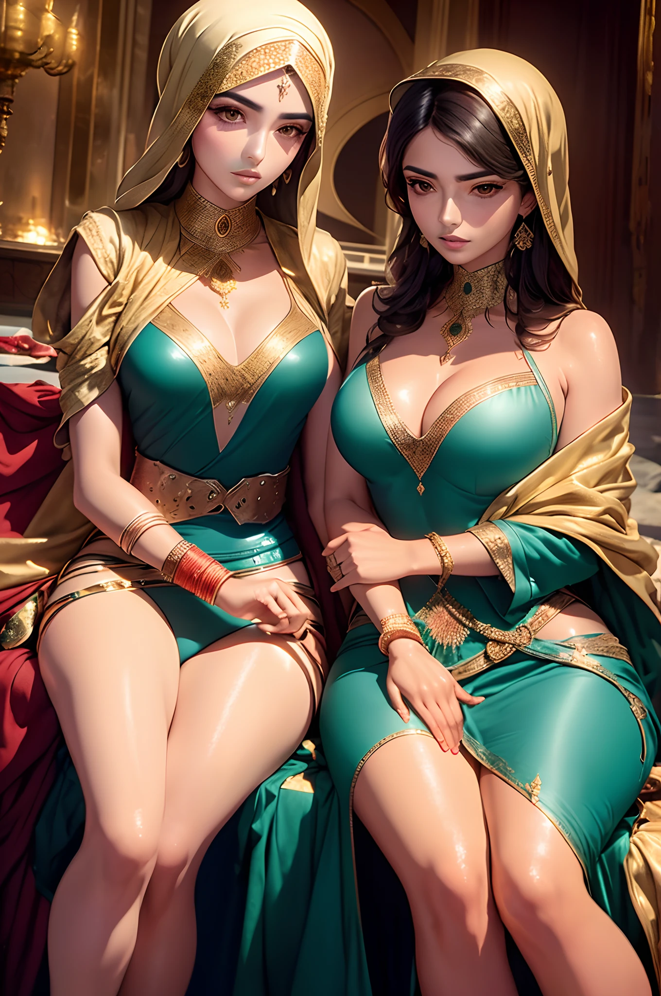 Mavtan Moroccan Islamic surreal super detail,a couple of lesbians sitting together,Dynamic pose,leering,(fantastical belt,fantastical robes,Fantastical ribbons)