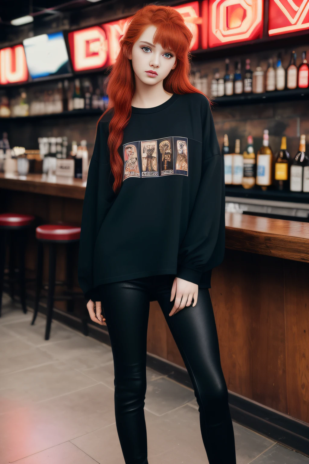 Mj, glamour, Fashion photo, Vogue Magazine, Beautiful, teenaged, 18 years, very skinny, Girl with disheveled red hair, pure eyes, makeup, Details, higly detailed, Fashion Magazine, Standing in a rock beer bar, pub, darkness, Smoke, rim light, Cinematic lighting,
Wearing in black oversize t-shirt, naked legs,
ISO 100, f / 4, 1/200 p. (in Russian).