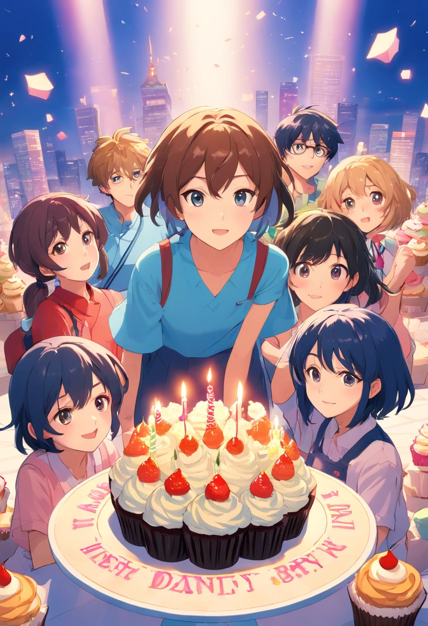 There were 4 people posing for a photo with cupcakes, film promotional image, Birthday party, japanese live action movie, still from live action movie, live-action movie scenes, celebrating a birthday, 8k octan advertising photo, happy birthay, in birthday party, anime party of friend of wisdom, shot on canon eos r 5
