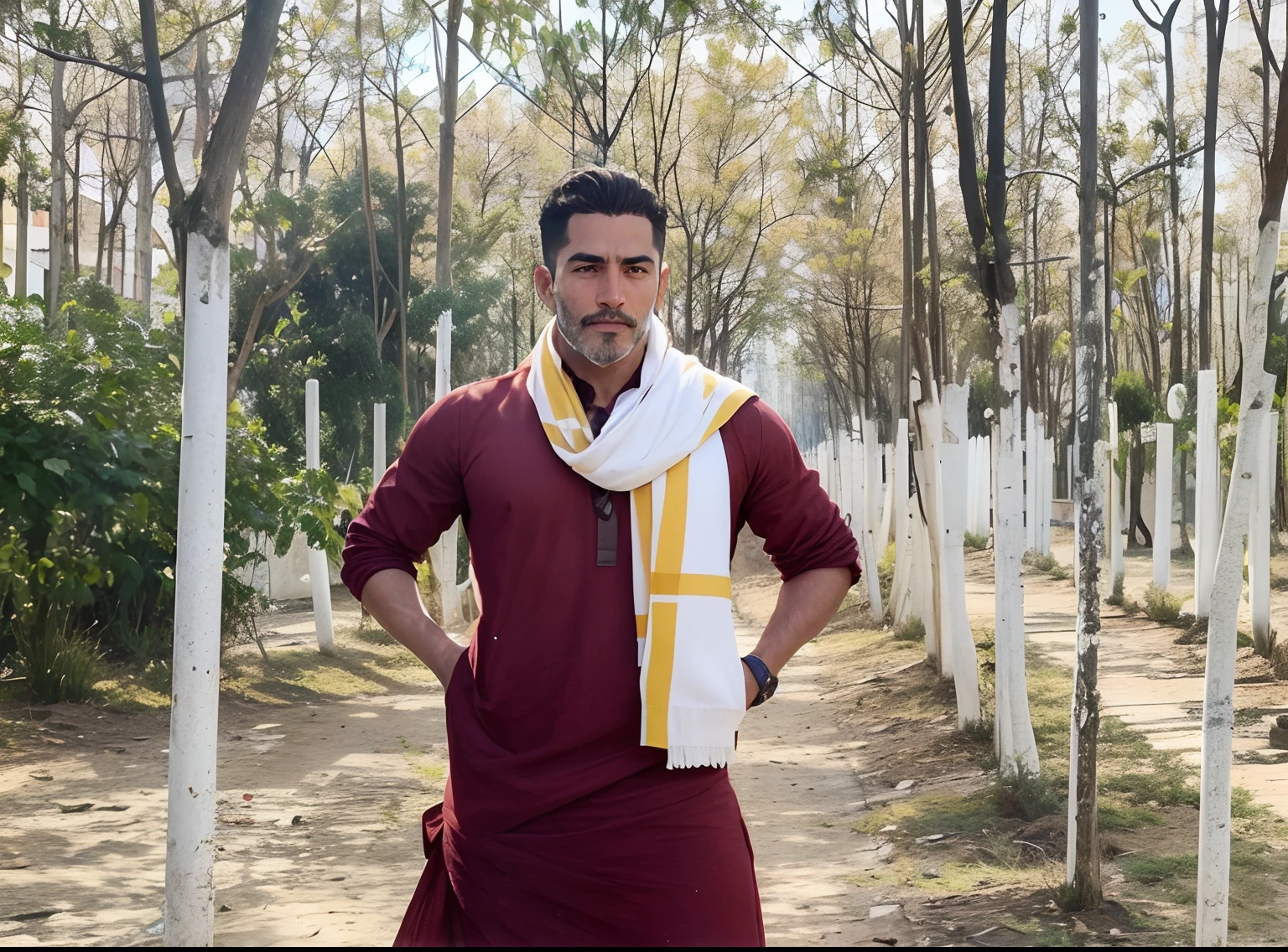 ultra realistic,man with brown cinnamon skin, cuerpo atletico tonificado cabello liso,masculino serio pensativo observador tiene el dorso desnudo y viste un atuendo blanco tipico del antiguo egipto, caminando, sonriendo por las calles de una moderna ciudad un amigo cernaco se acerca por atras y lo abraza