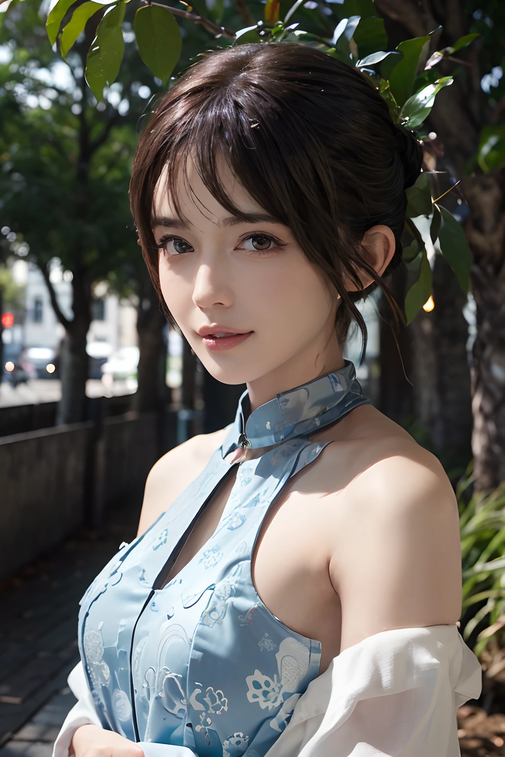 (masuter piece:1.3)、(8K、Photorealsitic、Raw photography、top-quality: 1.4)、(1girl in)、beautiful countenance、(Lifelike face)、(white hair、a pixie cut:1.3)、Beautiful hairstyle、realisticeyes、Beautiful details、(real looking skin)、Beautiful skins、(Cheongsam)、absurderes、enticing、超A high resolution、A hyper-realistic、high-detail、the golden ratio、Bright sunlight、