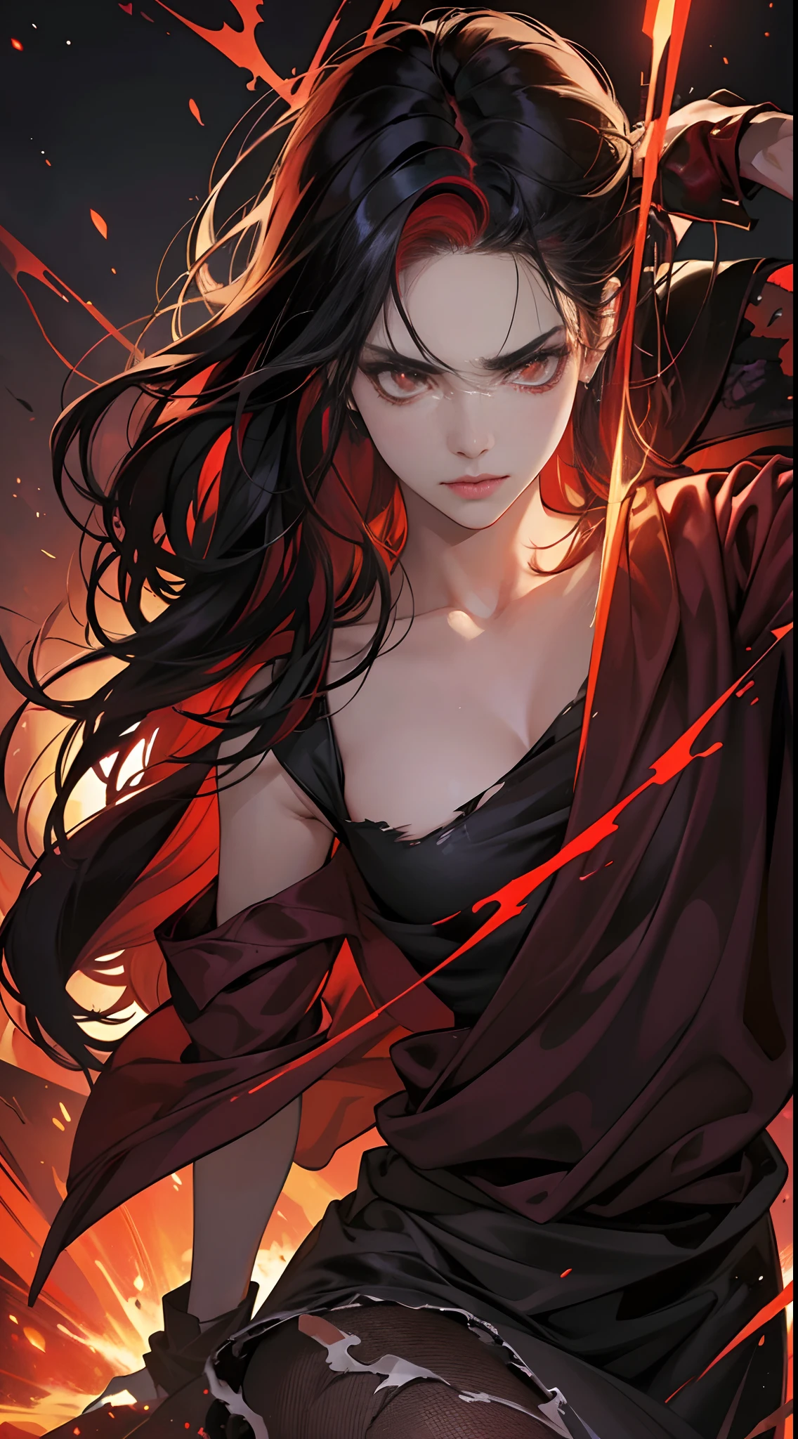 (Best Quality,4K,High resolution), 18yo woman, Red mesh hair on black hair, Long hair, Straight hair, , Comical appearance,(Best Quality,4K,High resolution), 18yo woman, Red highlights on black hair, Long hair, Straight hair, Transforming Woman,An abnormal,Cold eyes ,sharp eye,distressed look,Red glowing eyes,Facial expression enhancement,,Changing the Appearance of a Transform,beast,Beastification,Evil Fight,buttle,Delicate illustrations drawn in detail,Torn clothes with decoration,Disheveled clothes,Realistic portrayal,Vibrant colors,expresive,Classic background