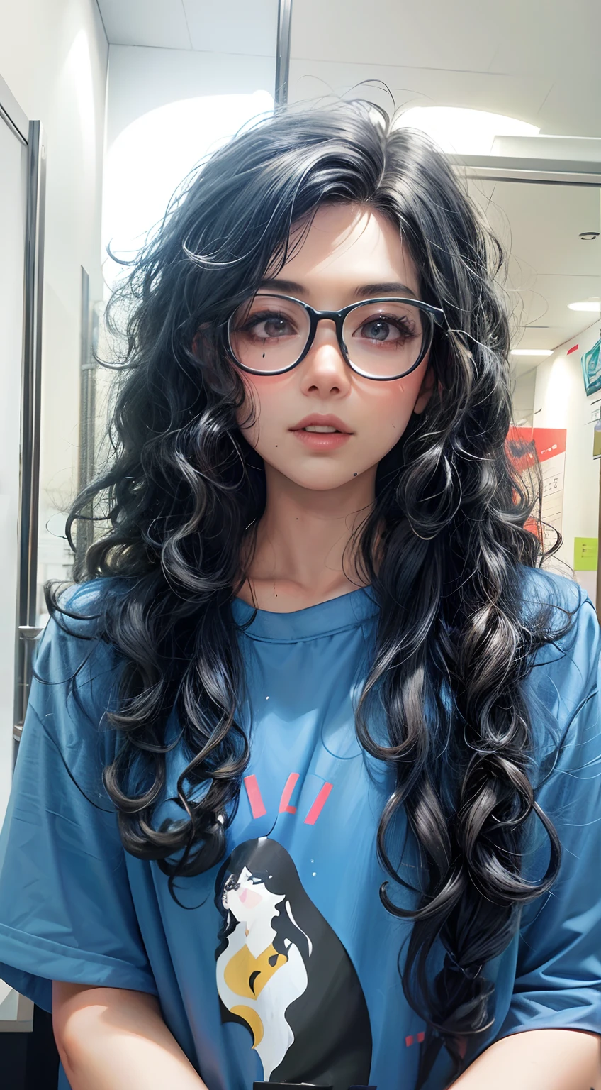 there is a woman with glasses and a blue shirt posing for a picture, wavy long black hair and glasses, with long coiled hair, Messy and curly long hair, with long curly, Long curly black hair, Wild long black curly hair, black long curly hair, 2 8 years old, Long black curly hair, Long curly hair, 2 9 years old, Curly long hair,oil painted,Anime figure,Foreigner,Europe,Eyes Danphoenix eyes