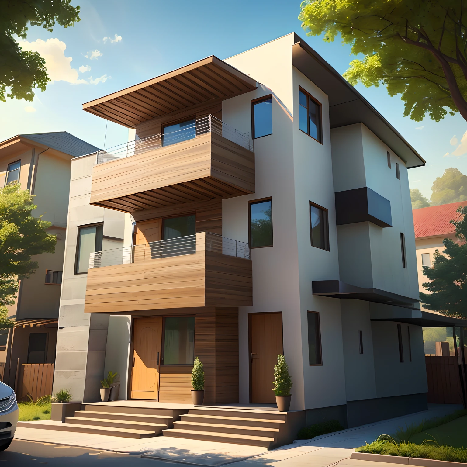 Residential duplex house design based on the concept of stacking two l shaped form together on one another
