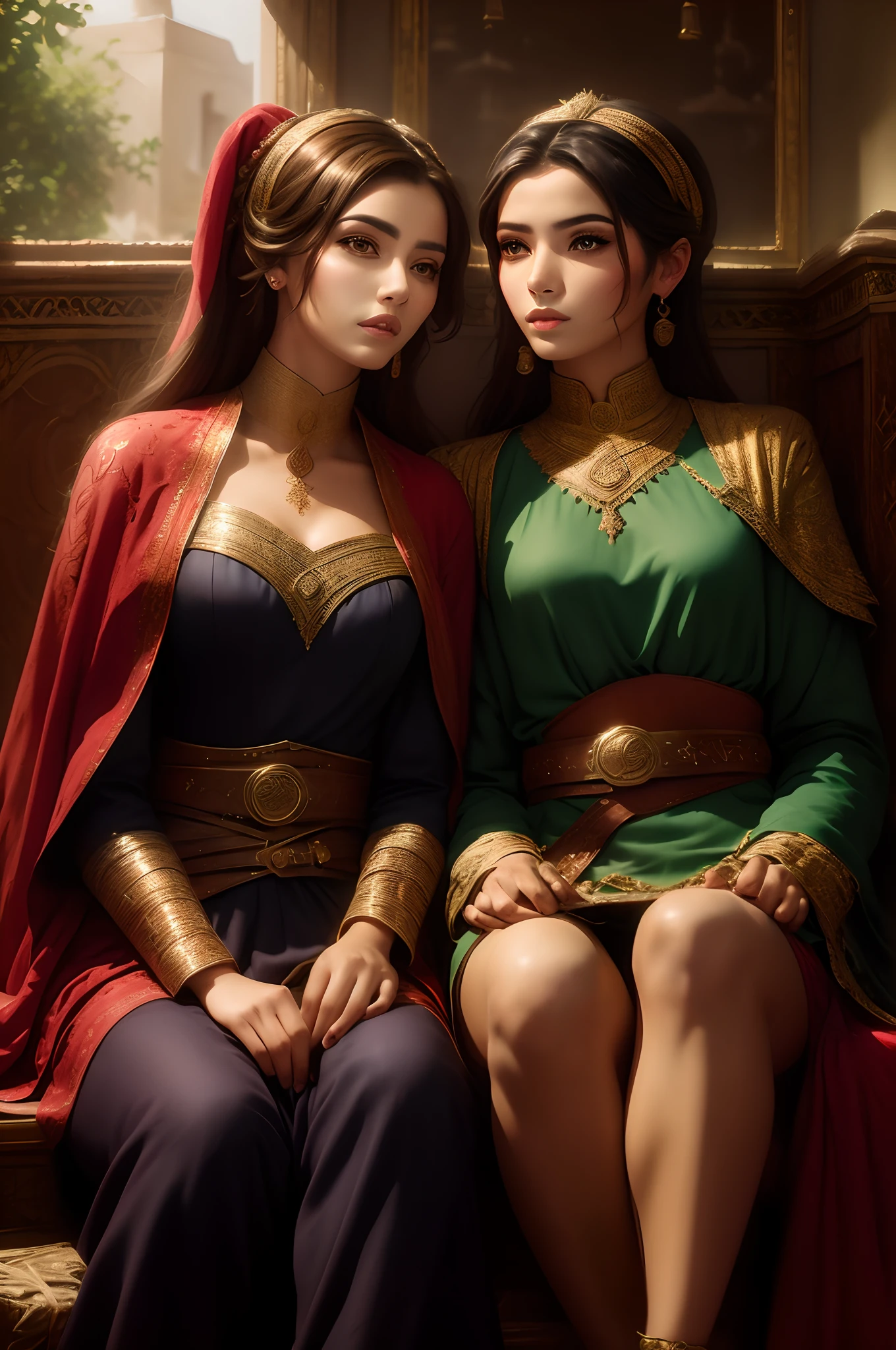 Mavtan Moroccan Islamic surreal super detail,a couple of lesbians sitting together,Dynamic pose,leering,(fantastical belt,fantastical robes,Fantastical ribbons)