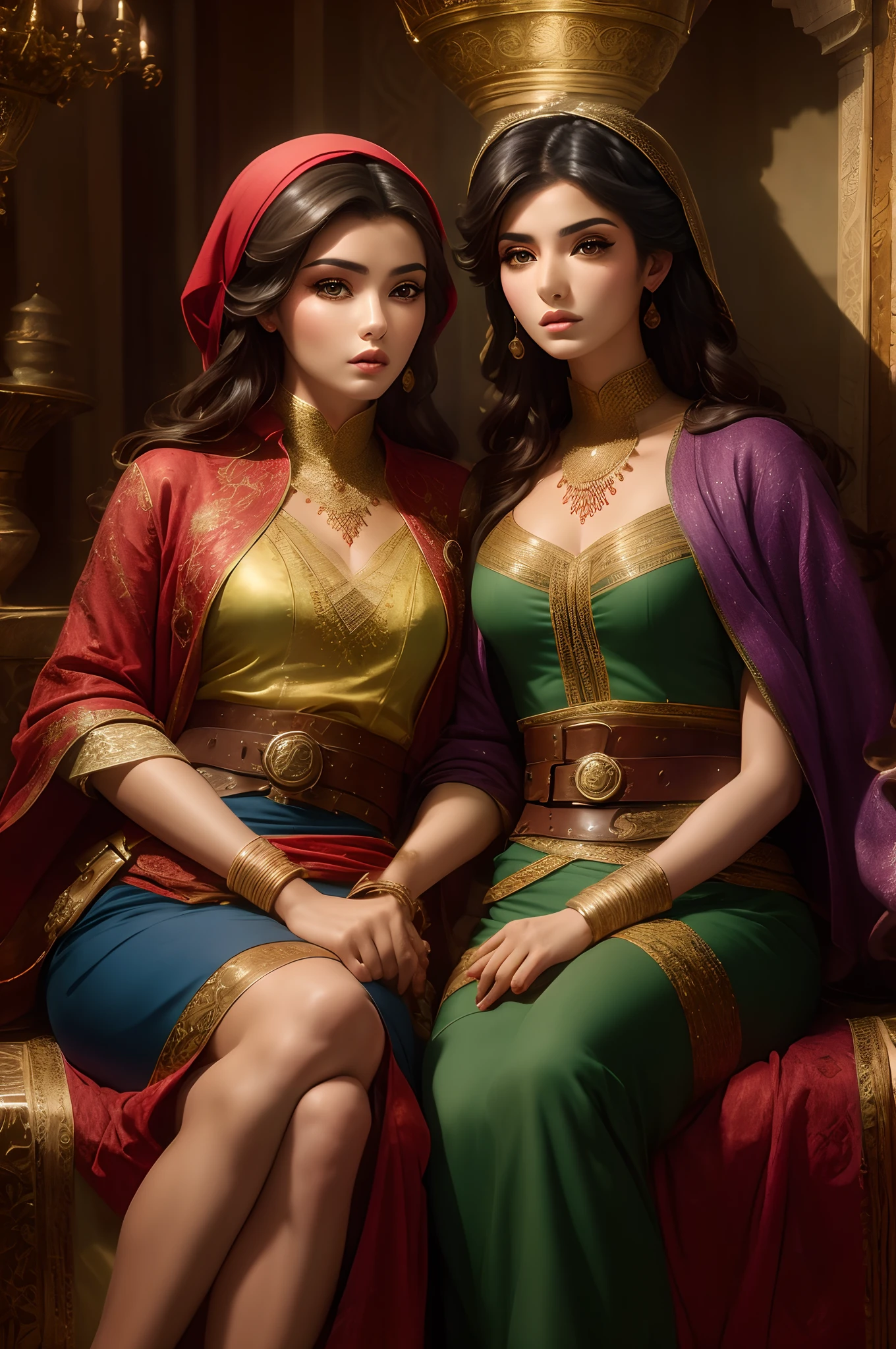 Mavtan Moroccan Islamic surreal super detail,a couple of lesbians sitting together,Dynamic pose,leering,(fantastical belt,fantastical robes,Fantastical ribbons)