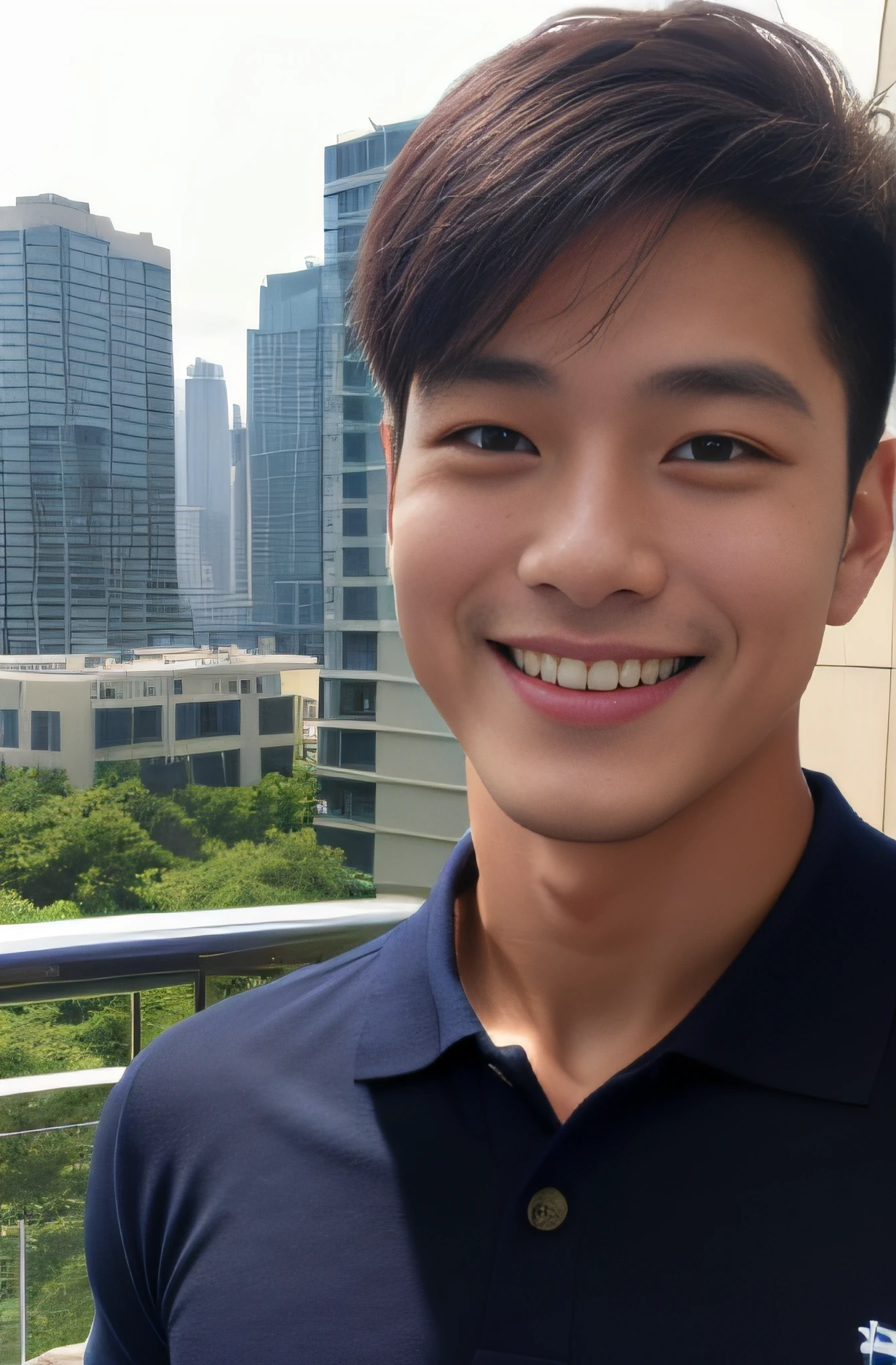 A handsome men ,20 age , Short Hair Hair, korea , Student，(((Wear a navy polo shirt without stripes......))), smile , front-view ,Pectoral muscles, Wide shoulders ,athlete , Upper body (1),  It's raining: 1.3, On the edge of high-rise buildings: 1.2, body dripping wet: 1.1,