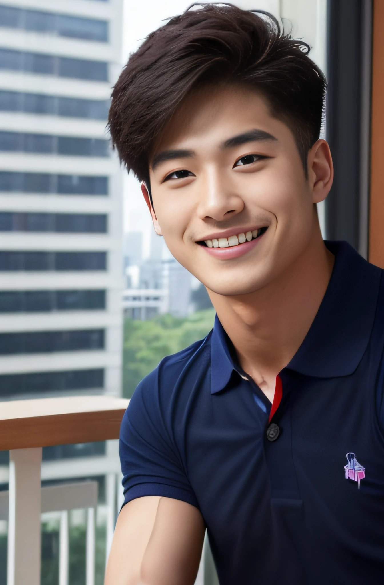 A handsome men ,20 age , Short Hair Hair, korea , Student，(((Wear a navy polo shirt without stripes......))), smile , front-view ,Pectoral muscles, Wide shoulders ,athlete , Upper body (1),  It's raining: 1.3, On the edge of high-rise buildings: 1.2, body dripping wet: 1.1,