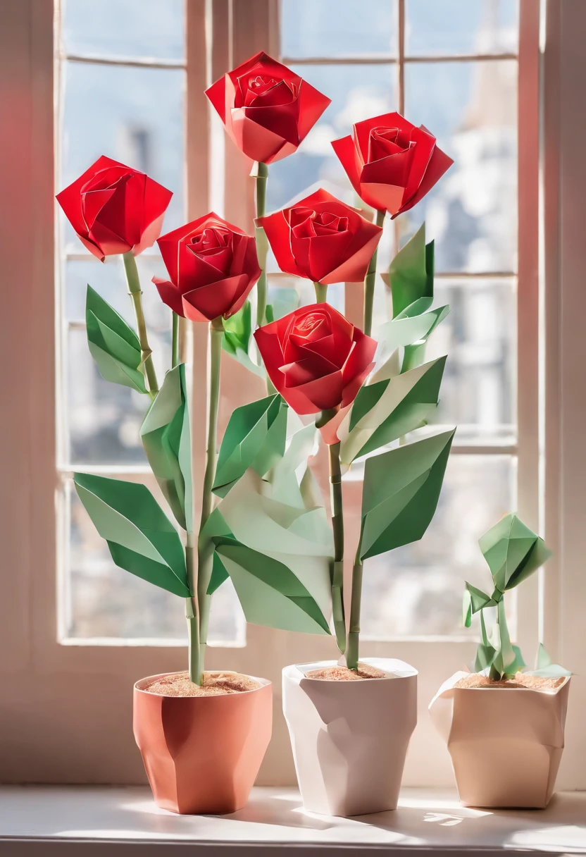 Red roses in pots on windowsills，Faded city background