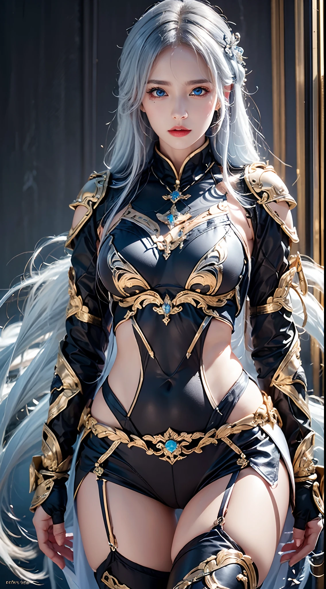 photorealistic, high resolution, soft lights, 1women, solo, hips up, look at viewer, (detailed face), blue eyes, white hair, long hair, photorealistic, masterpiece, photorealistic, high resolution, soft light, hips up, (blue eyes), jewelry, (milf, mature female), (black armor, armor, breastplate), beautiful face, (long hair, black hair, very straight hair:1.4, hime cut:1.4), blue eyes, cowboy shot, glowing skin, back lighting, athletic figure, muscular female, curvy, wide hips