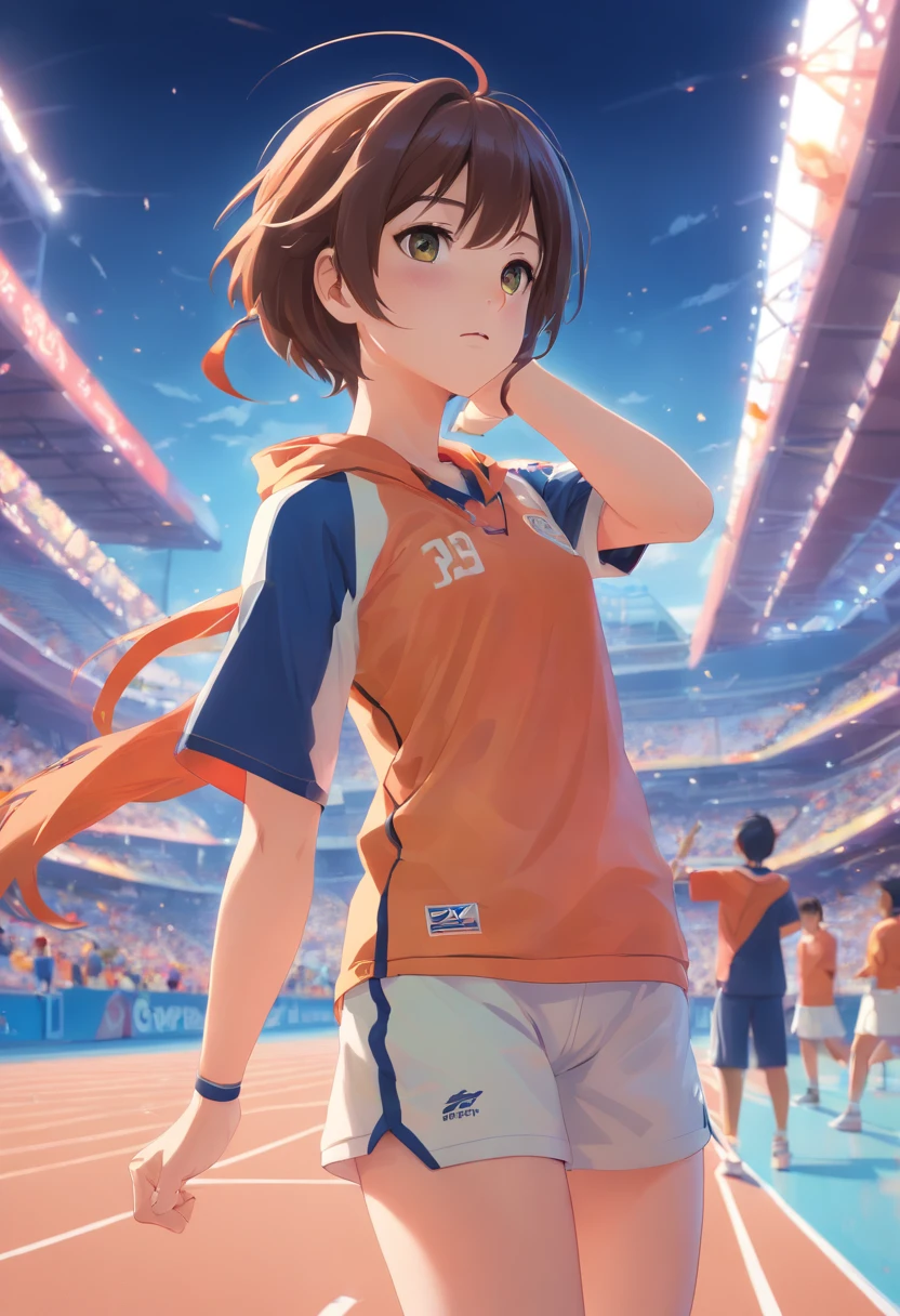 Sports Girl，Start Position，Asian Games，stains，See away，ultra-fine，ultra - detailed，High Quality，8K ，OC Rendering，Dynamic viewing angle